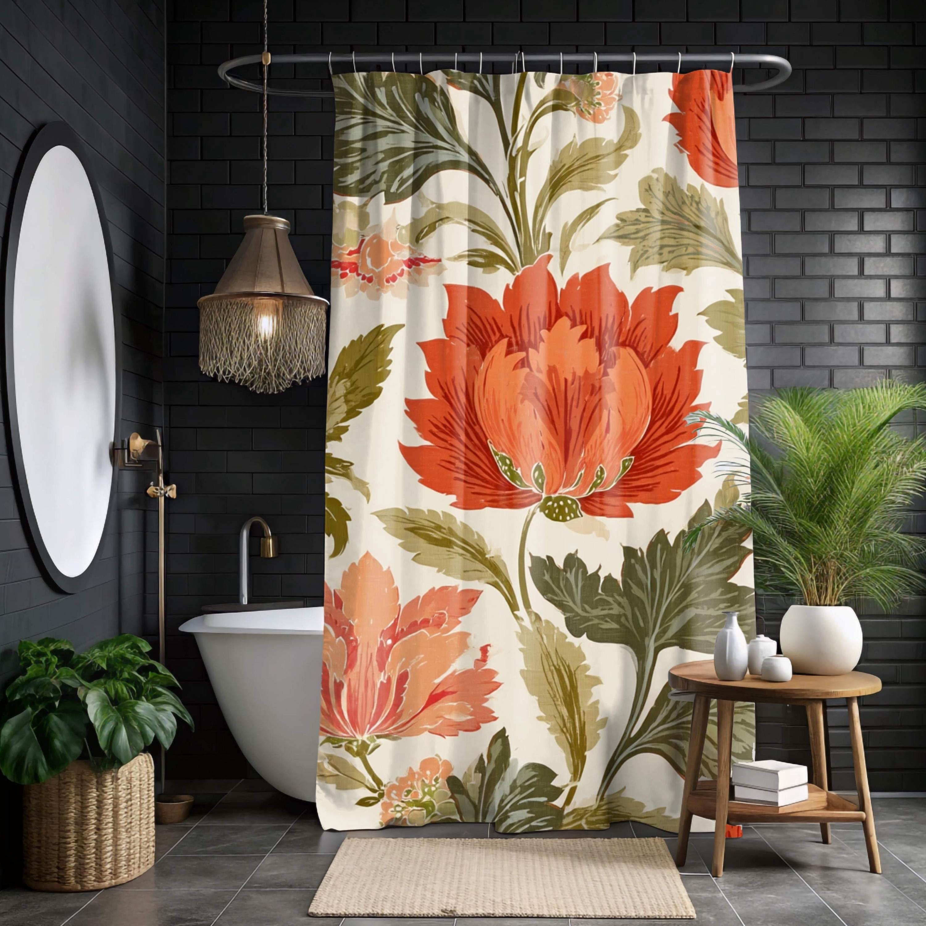 Bold Floral Shower Curtain, Red Orange Vintage Bloom Bathroom Art, Botanical Curtain 71x74, Autumn Inspired Retro Flower Print