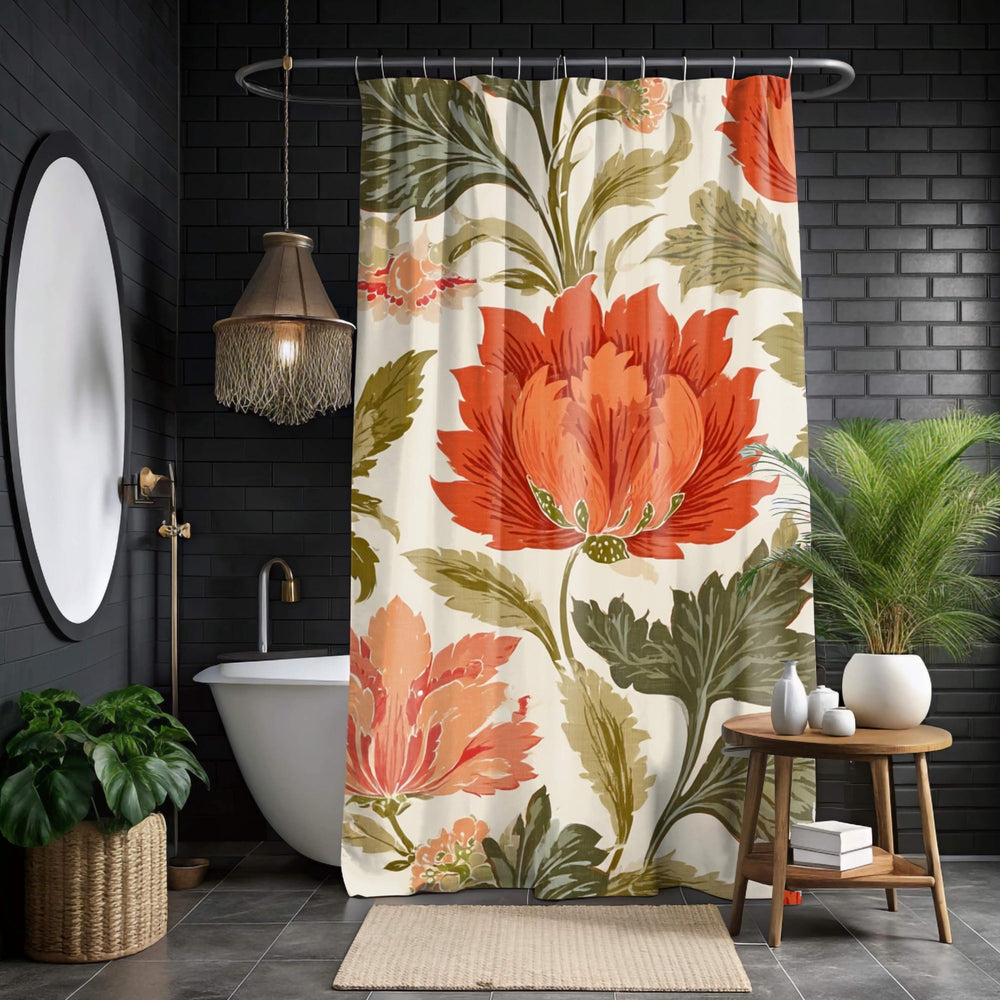 Bold Floral Shower Curtain, Red Orange Vintage Bloom Bathroom Art, Botanical Curtain 71x74, Autumn Inspired Retro Flower Print