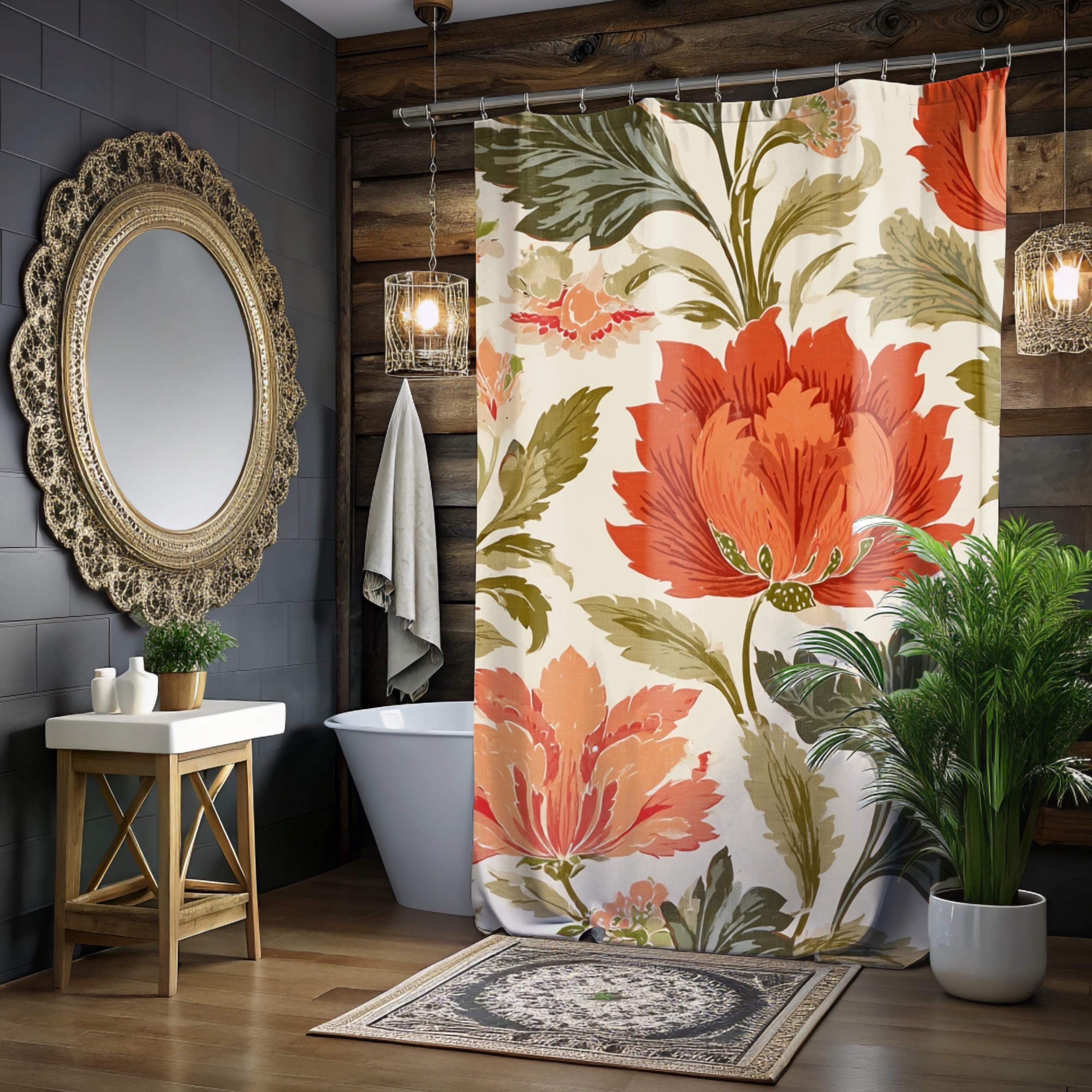 Bold Floral Shower Curtain, Red Orange Vintage Bloom Bathroom Art, Botanical Curtain 71x74, Autumn Inspired Retro Flower Print