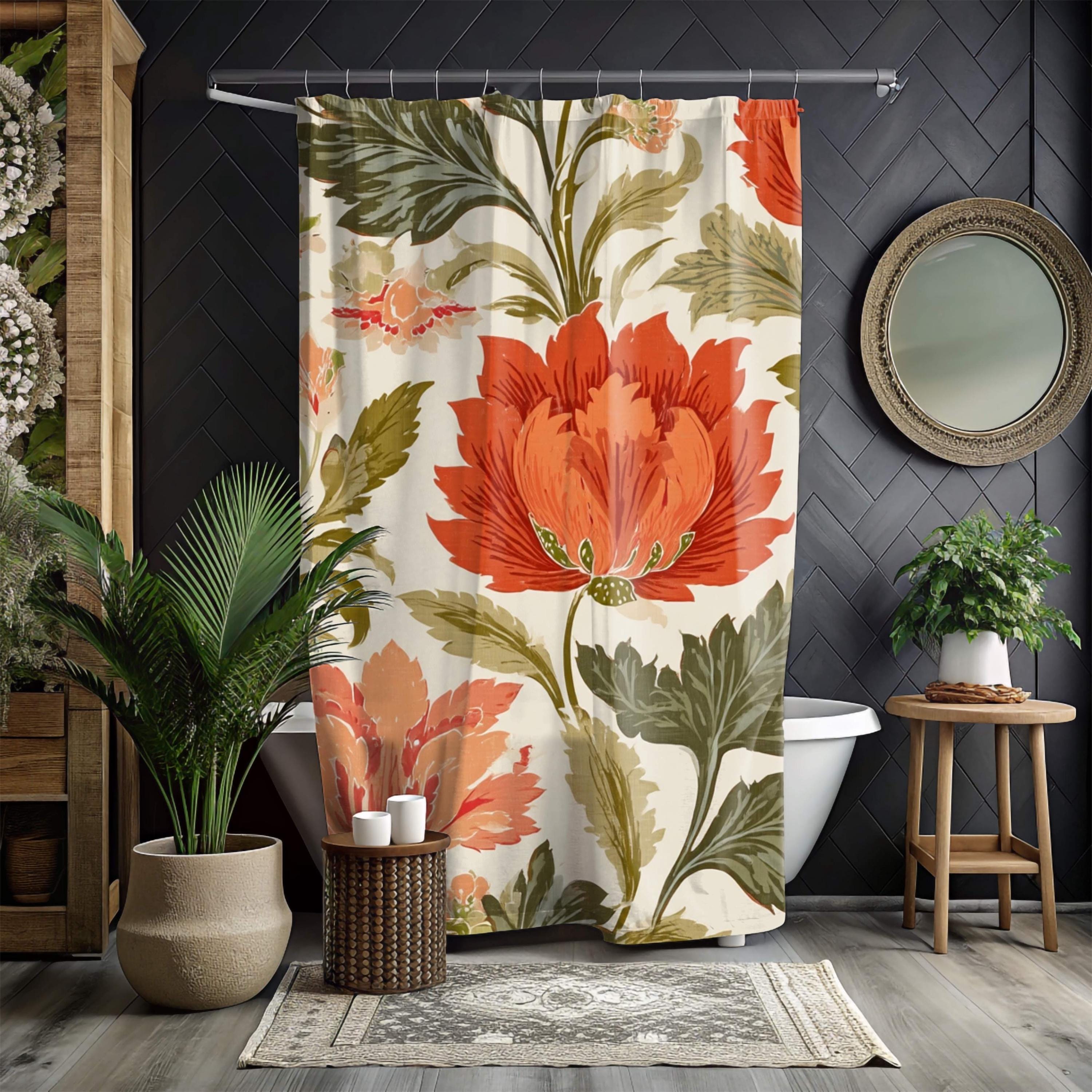 Bold Floral Shower Curtain, Red Orange Vintage Bloom Bathroom Art, Botanical Curtain 71x74, Autumn Inspired Retro Flower Print