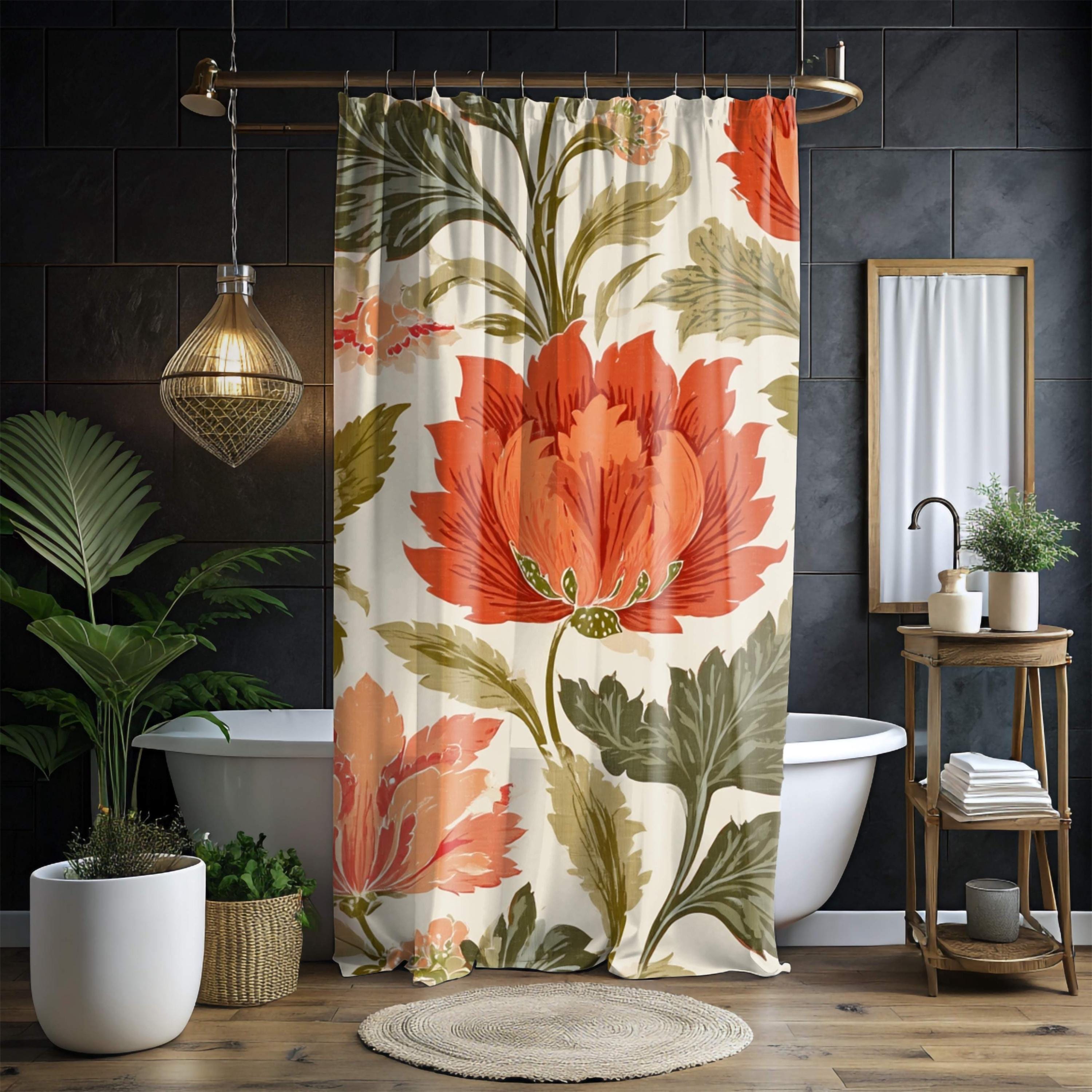 Bold Floral Shower Curtain, Red Orange Vintage Bloom Bathroom Art, Botanical Curtain 71x74, Autumn Inspired Retro Flower Print