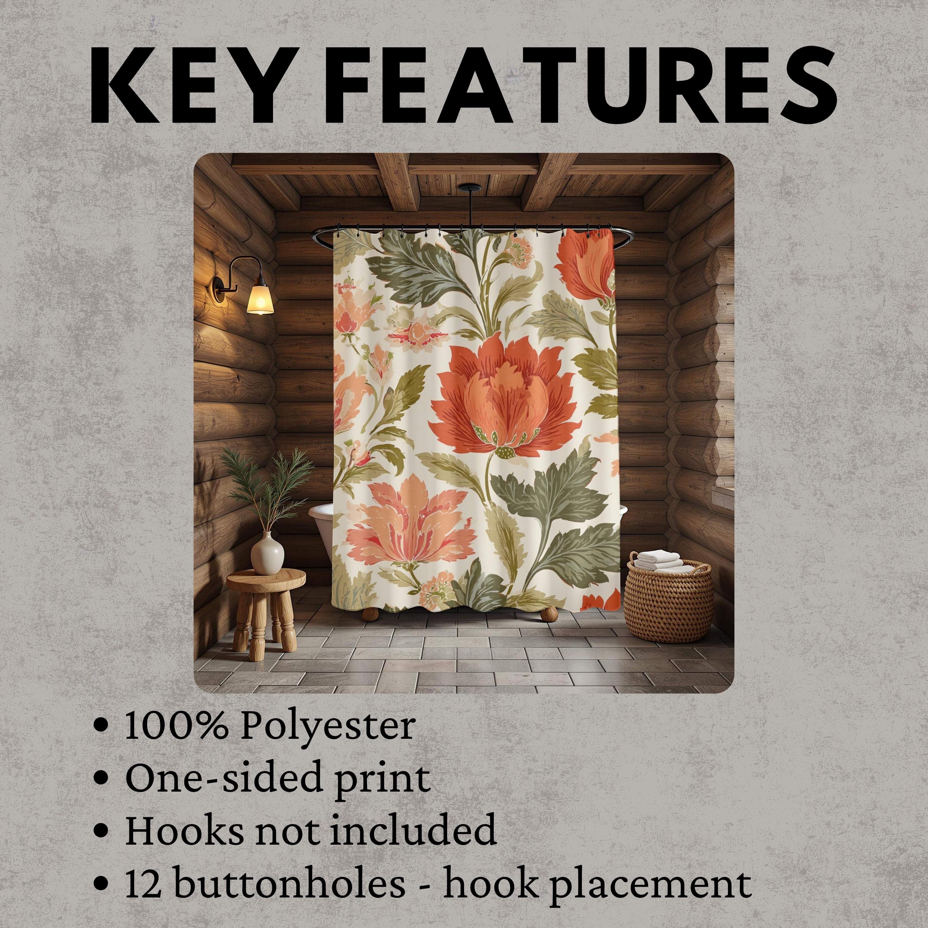 Bold Floral Shower Curtain, Red Orange Vintage Bloom Bathroom Art, Botanical Curtain 71x74, Autumn Inspired Retro Flower Print