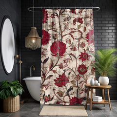 Vintage Red Floral Shower Curtain, Antique Botanical Style Bathroom Curtain 71x74, Rustic Tapestry Look Shower Art, Distressed Bloom Print