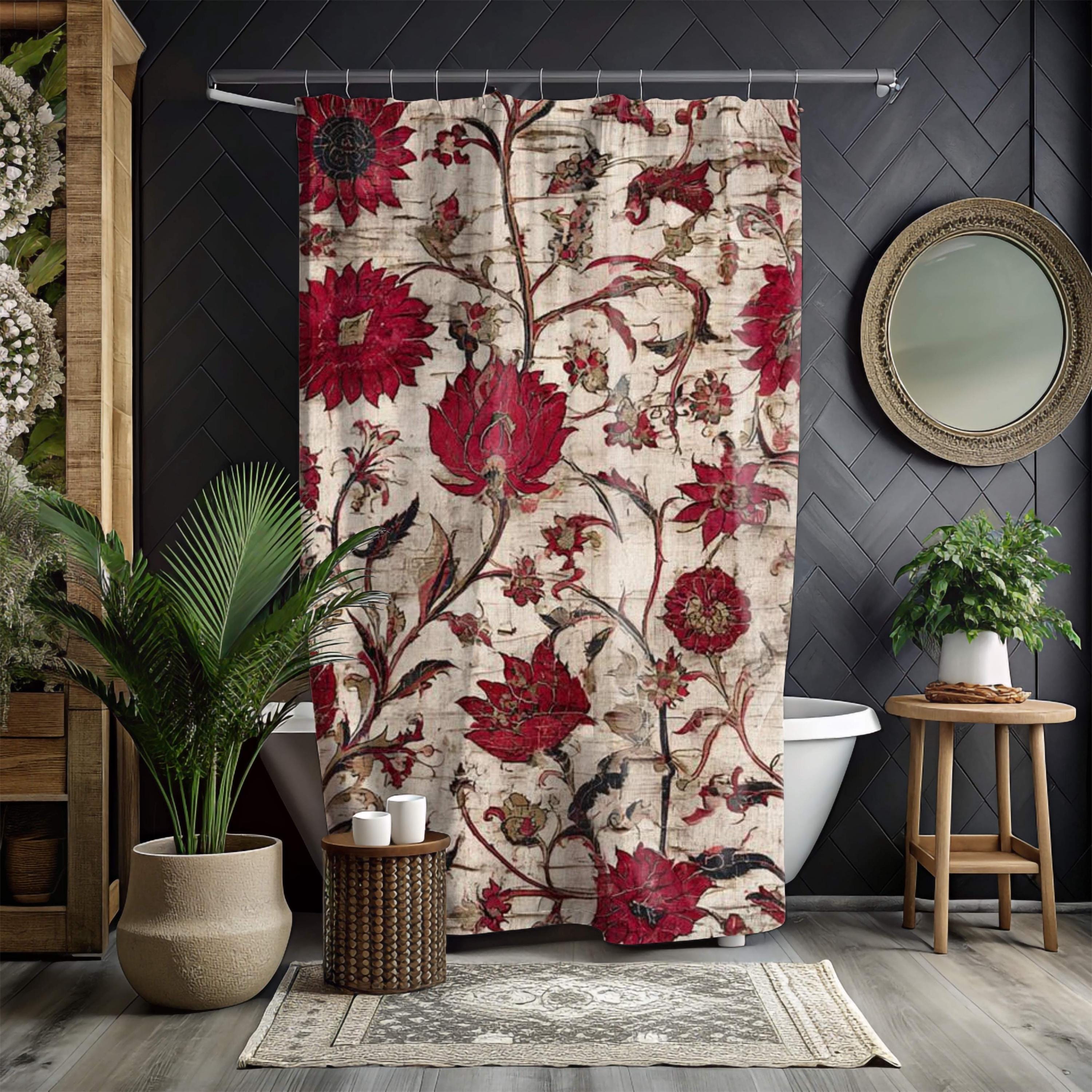 Vintage Red Floral Shower Curtain, Antique Botanical Style Bathroom Curtain 71x74, Rustic Tapestry Look Shower Art, Distressed Bloom Print