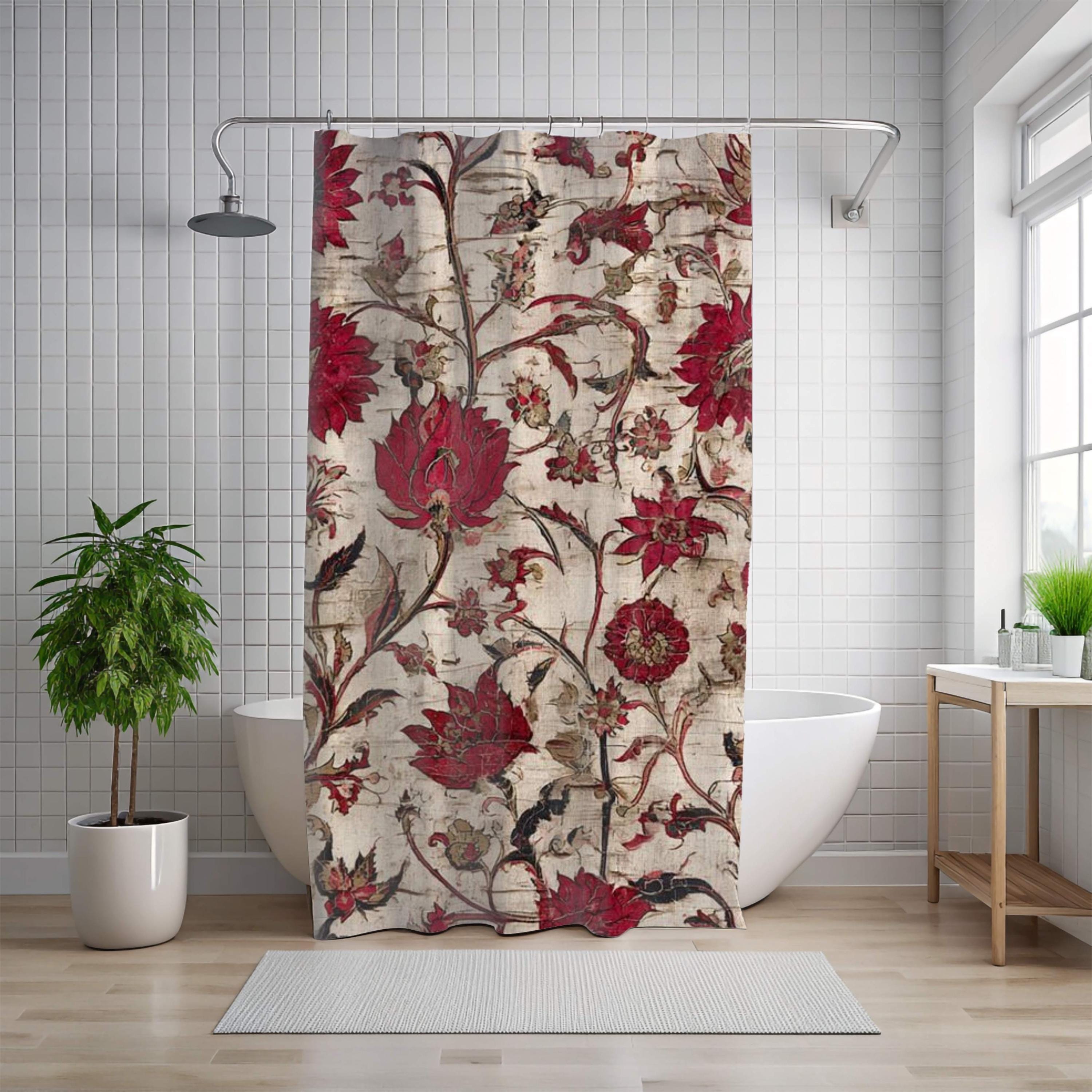 Vintage Red Floral Shower Curtain, Antique Botanical Style Bathroom Curtain 71x74, Rustic Tapestry Look Shower Art, Distressed Bloom Print