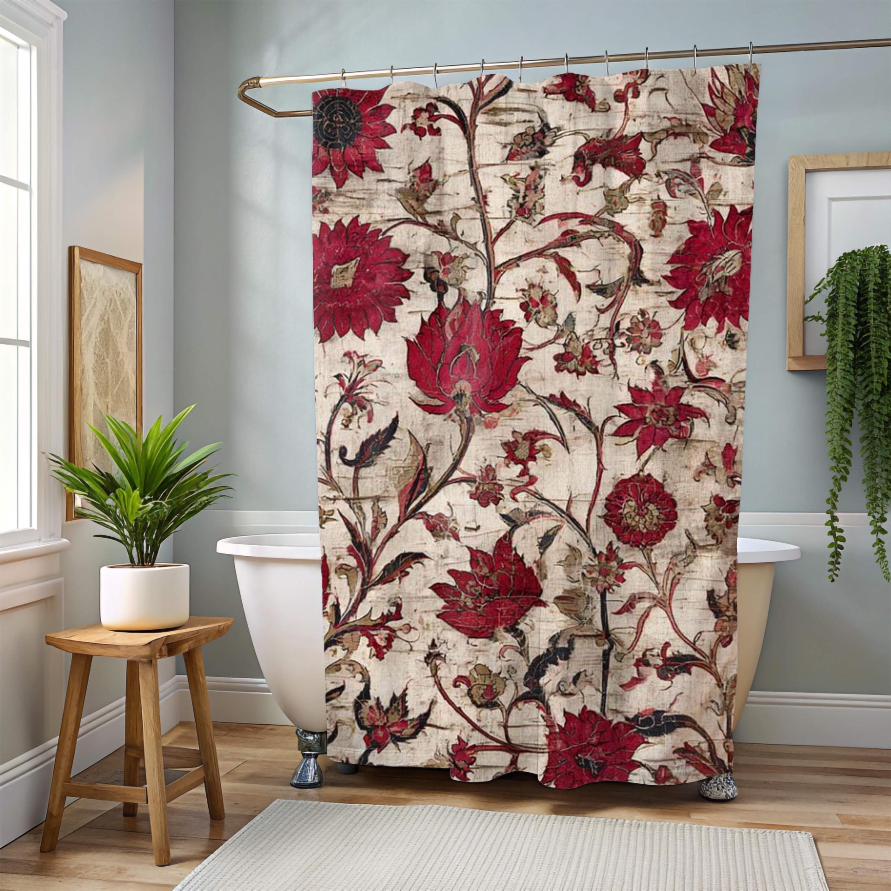 Vintage Red Floral Shower Curtain, Antique Botanical Style Bathroom Curtain 71x74, Rustic Tapestry Look Shower Art, Distressed Bloom Print