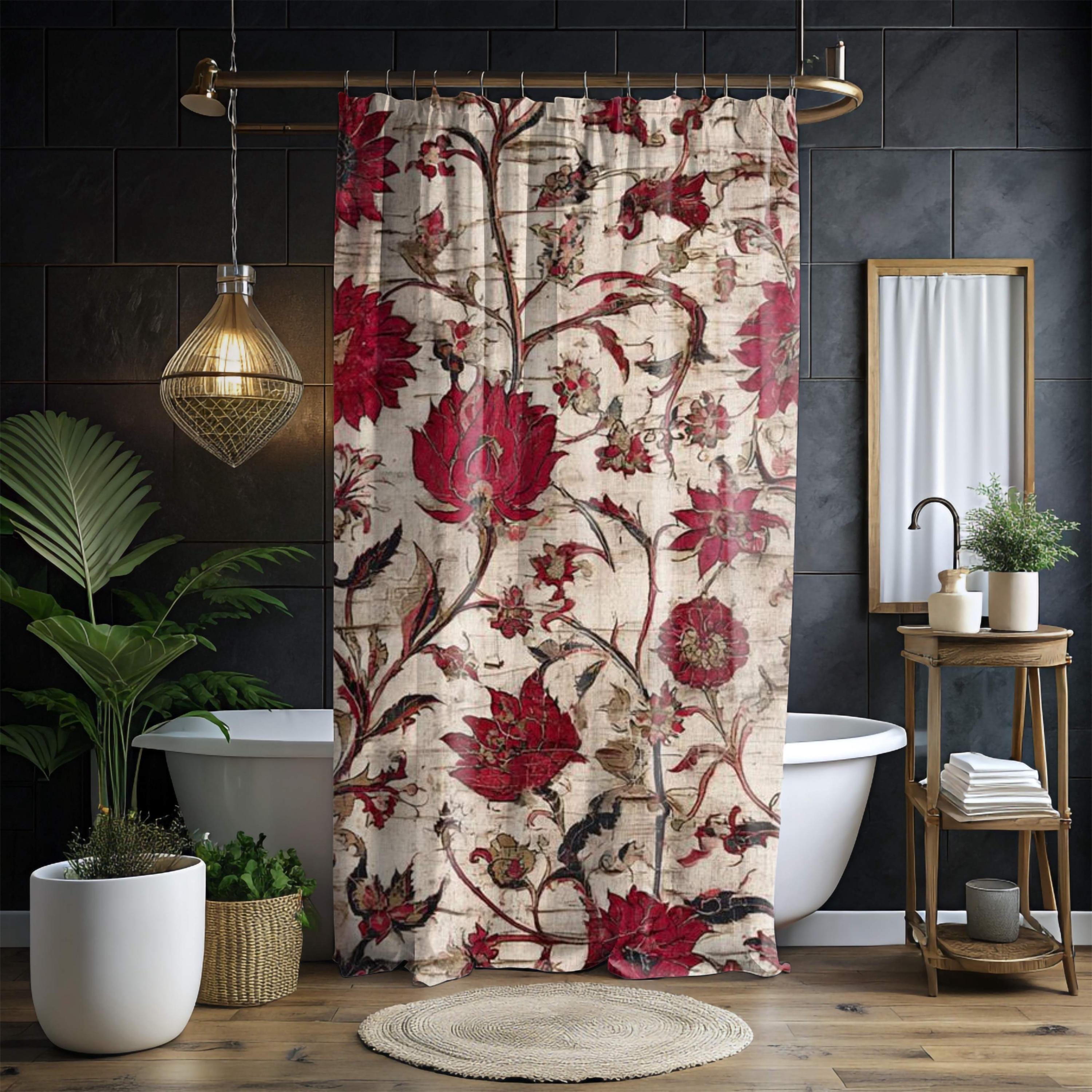 Vintage Red Floral Shower Curtain, Antique Botanical Style Bathroom Curtain 71x74, Rustic Tapestry Look Shower Art, Distressed Bloom Print