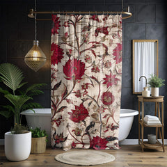Vintage Red Floral Shower Curtain, Antique Botanical Style Bathroom Curtain 71x74, Rustic Tapestry Look Shower Art, Distressed Bloom Print