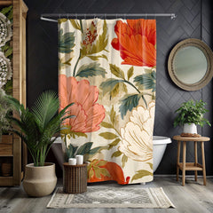 Retro Floral Shower Curtain, Vintage Oversized Bloom Bathroom Curtain 71x74, Warm Cottagecore Botanical Style, Coral Red Flower Bath Decor