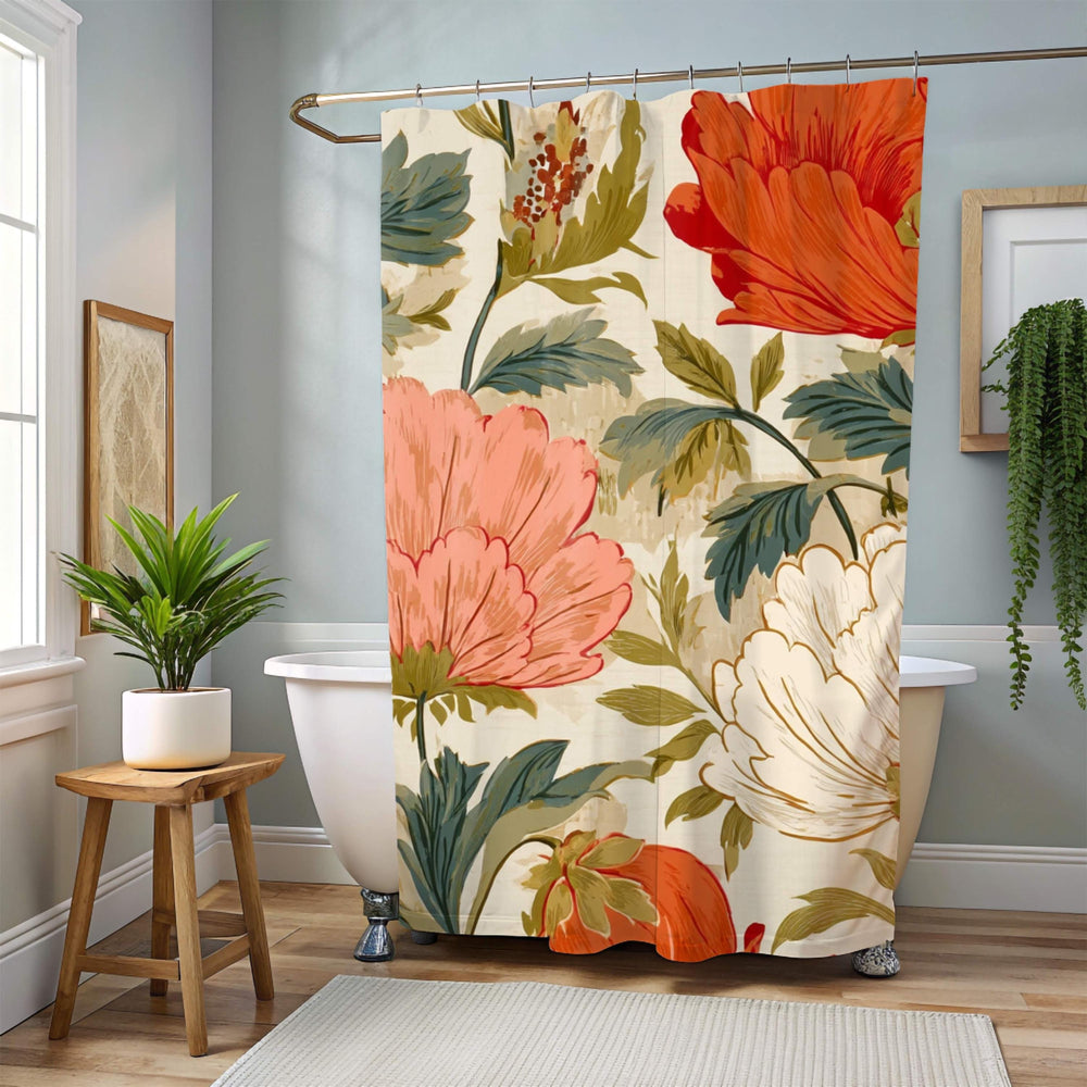 Retro Floral Shower Curtain, Vintage Oversized Bloom Bathroom Curtain 71x74, Warm Cottagecore Botanical Style, Coral Red Flower Bath Decor