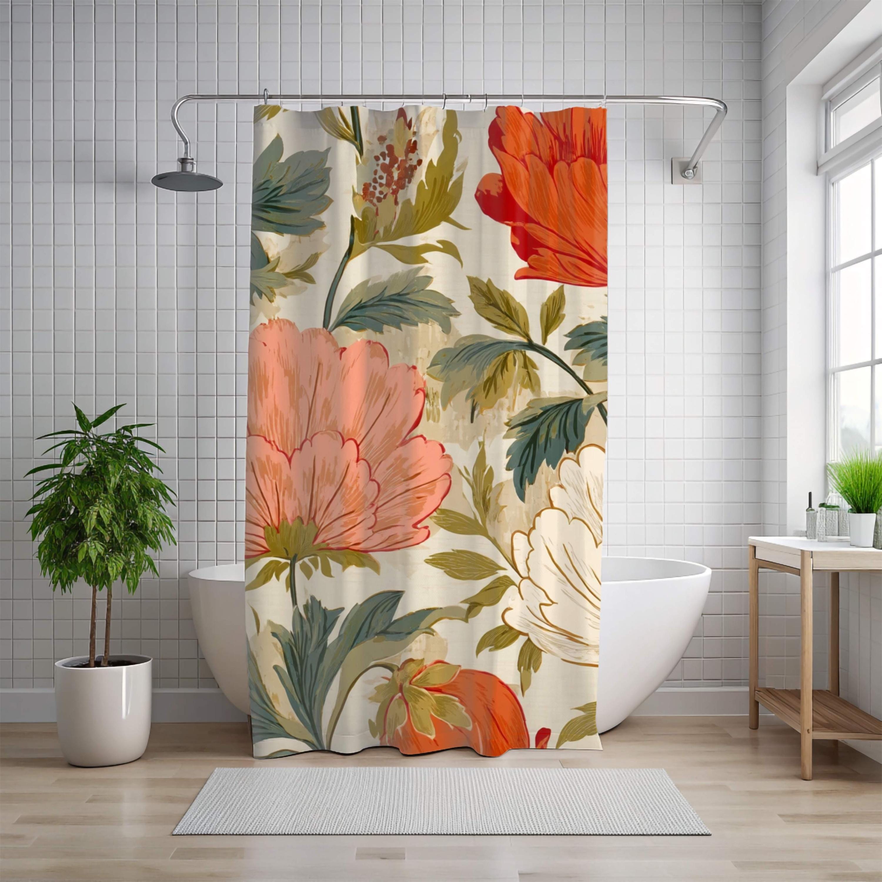 Retro Floral Shower Curtain, Vintage Oversized Bloom Bathroom Curtain 71x74, Warm Cottagecore Botanical Style, Coral Red Flower Bath Decor