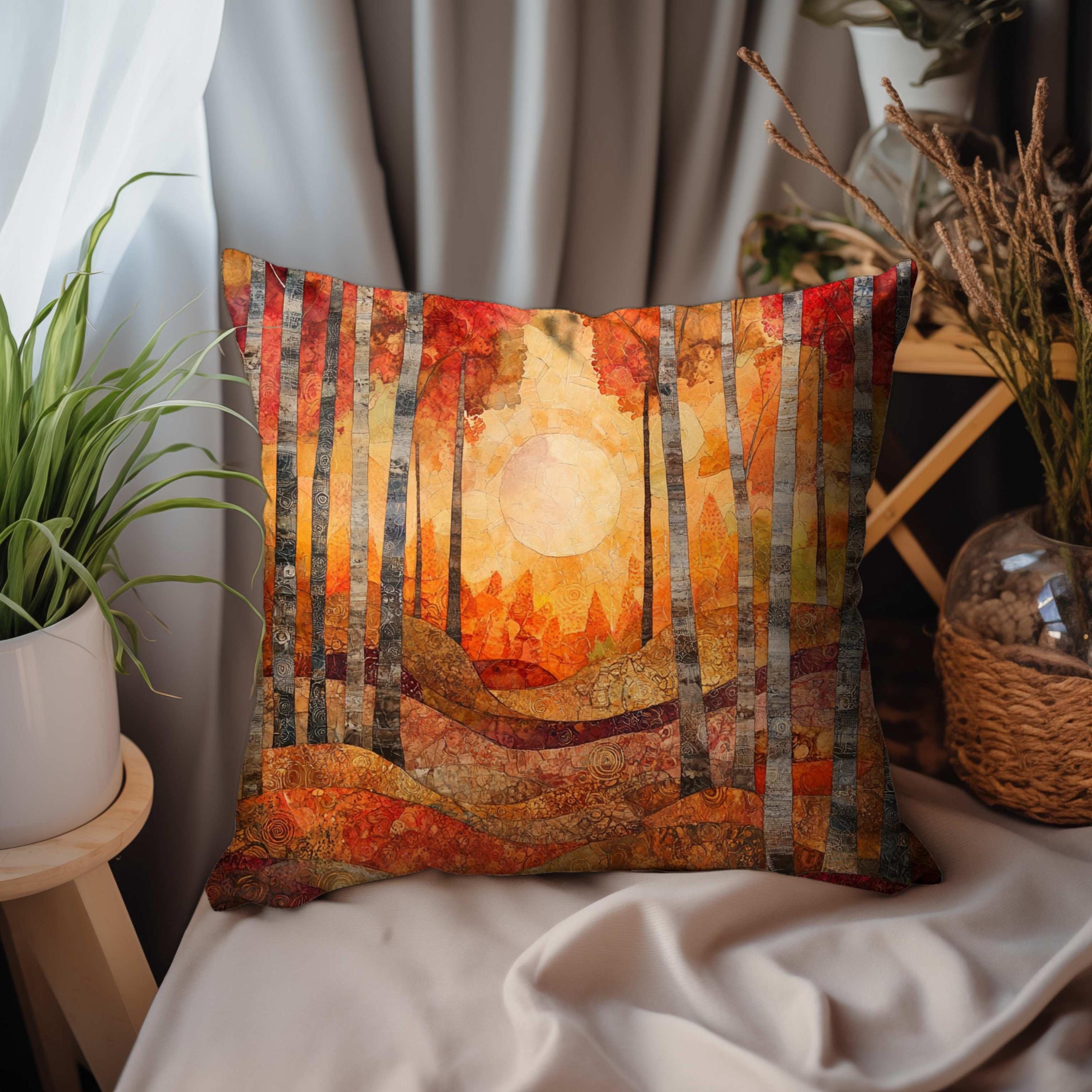 Fall Forest Throw Pillow, Abstract Tree Line and Sun Printed Pillow Cover, Double Sided Autumn Decor, Polyester Square Cushion