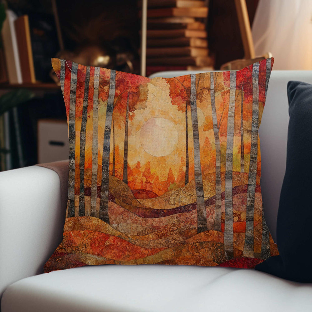 Fall Forest Throw Pillow, Abstract Tree Line and Sun Printed Pillow Cover, Double Sided Autumn Decor, Polyester Square Cushion