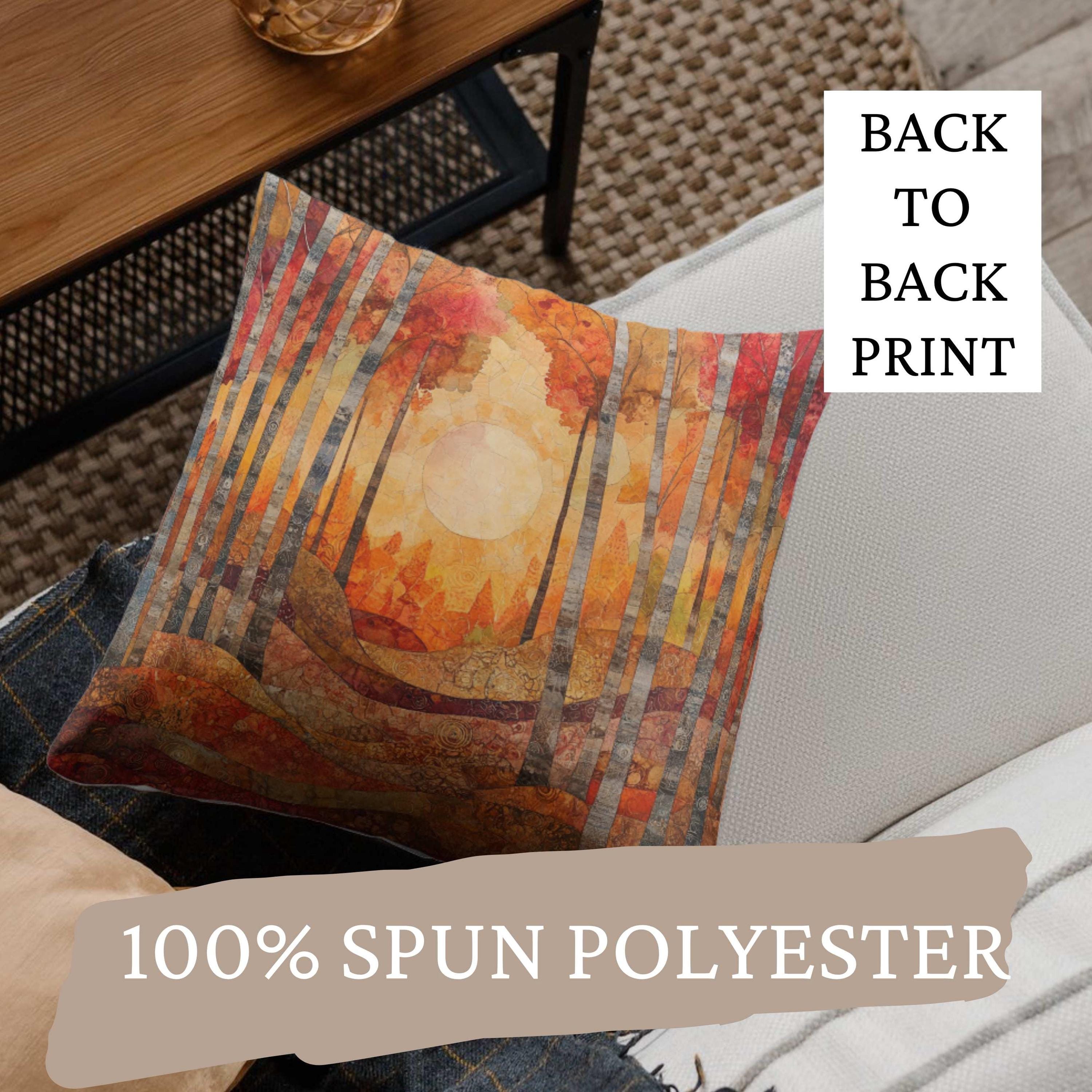Fall Forest Throw Pillow, Abstract Tree Line and Sun Printed Pillow Cover, Double Sided Autumn Decor, Polyester Square Cushion