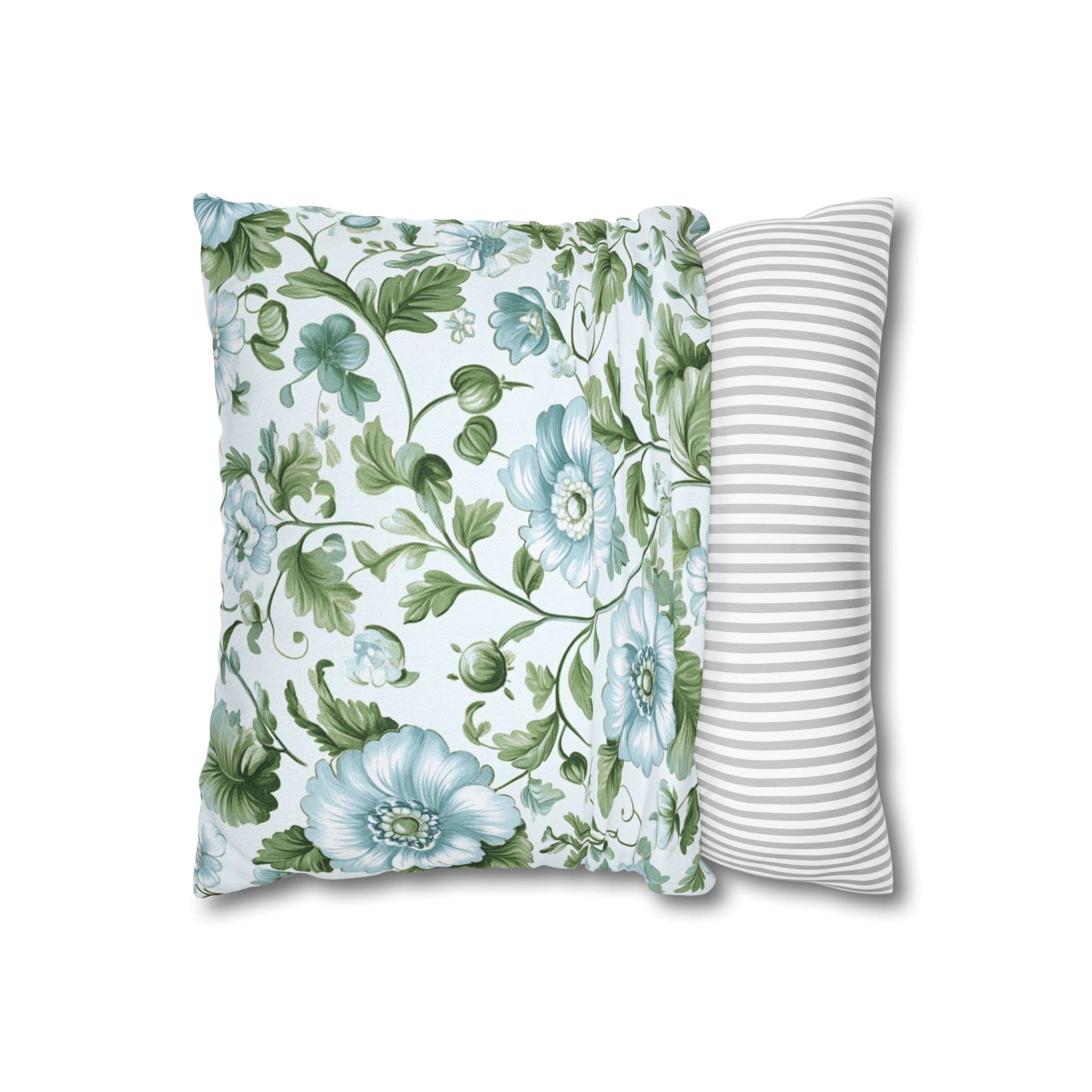 Pale Blue and Green Floral Pillow, Vintage Botanical Cushion Cover, Elegant Garden Bloom Throw Pillow, Soft Nature-Inspired Decor