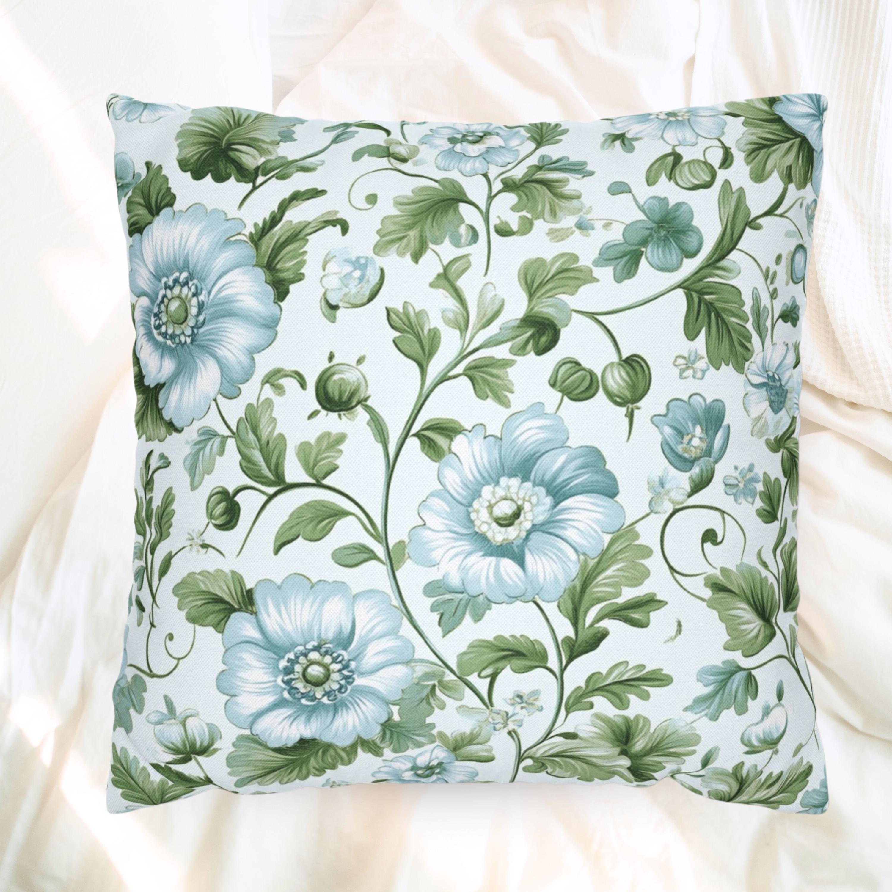 Pale Blue and Green Floral Pillow, Vintage Botanical Cushion Cover, Elegant Garden Bloom Throw Pillow, Soft Nature-Inspired Decor
