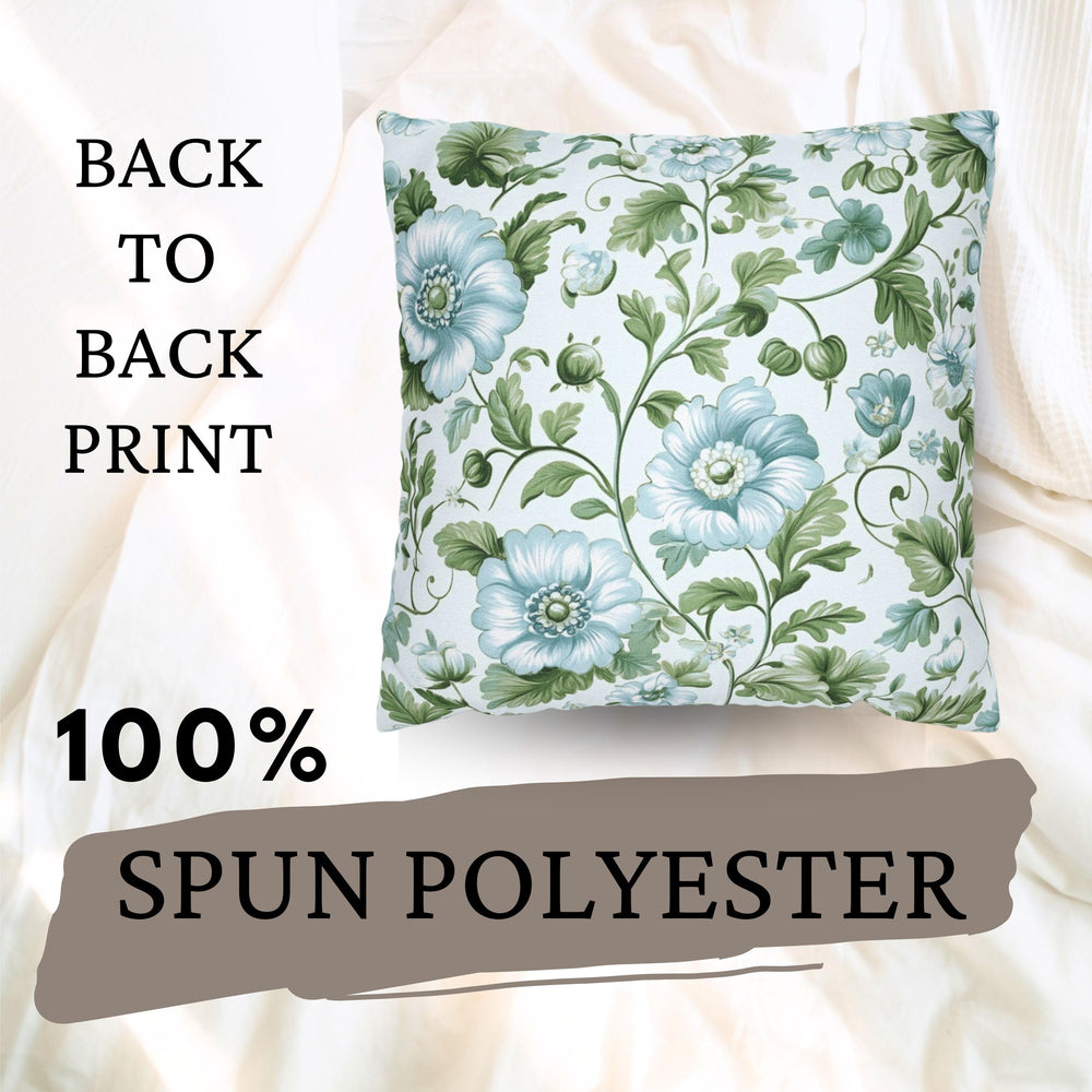 Pale Blue and Green Floral Pillow, Vintage Botanical Cushion Cover, Elegant Garden Bloom Throw Pillow, Soft Nature-Inspired Decor