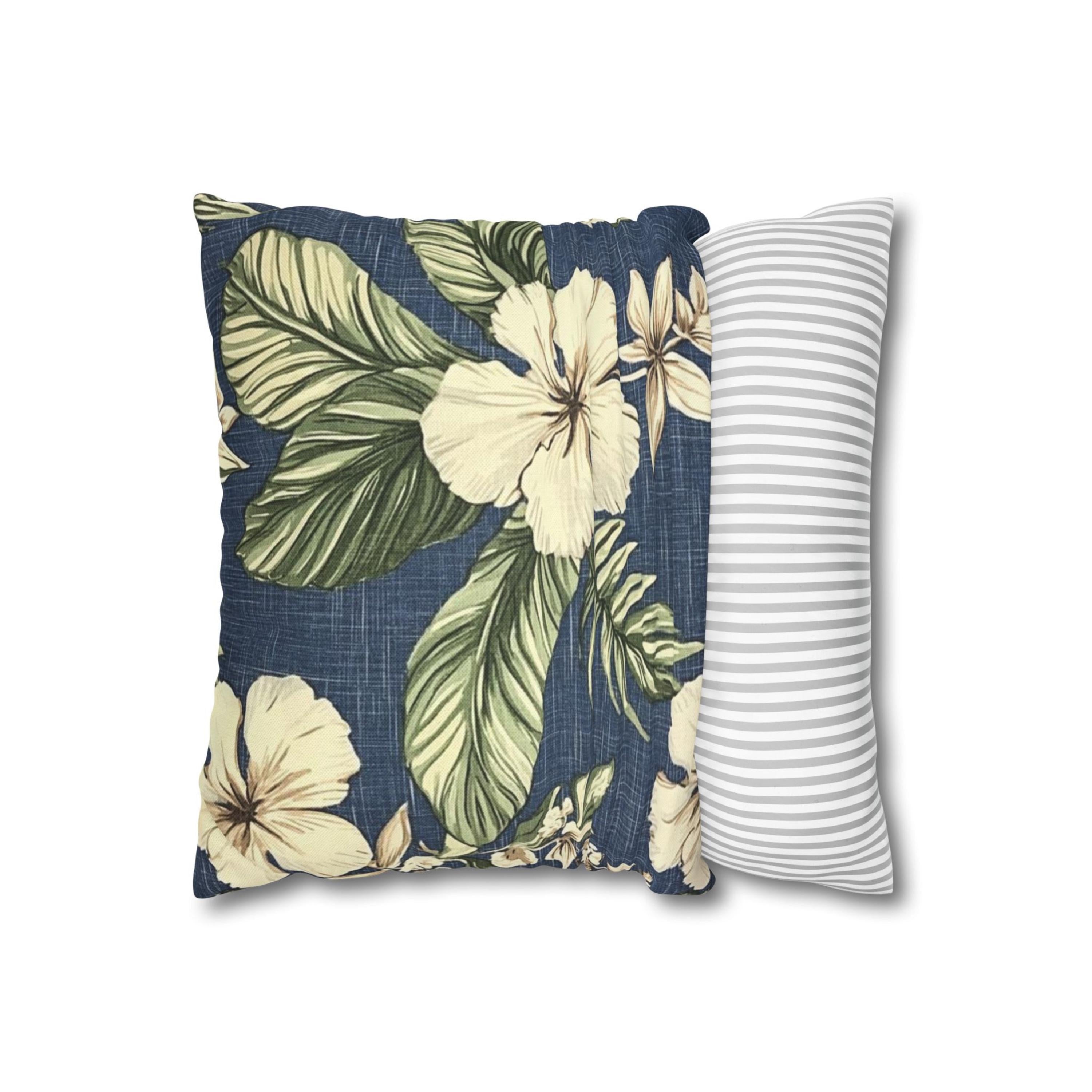 Navy Tropical Floral Pillow, Cream Hibiscus Cushion Cover, Coastal Botanical Throw Pillow, Island Leaf Decor, Jungle-Inspired Home Accent