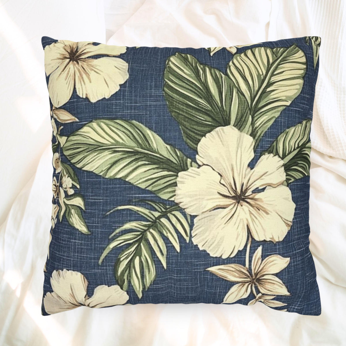 Navy Tropical Floral Pillow, Cream Hibiscus Cushion Cover, Coastal Botanical Throw Pillow, Island Leaf Decor, Jungle-Inspired Home Accent