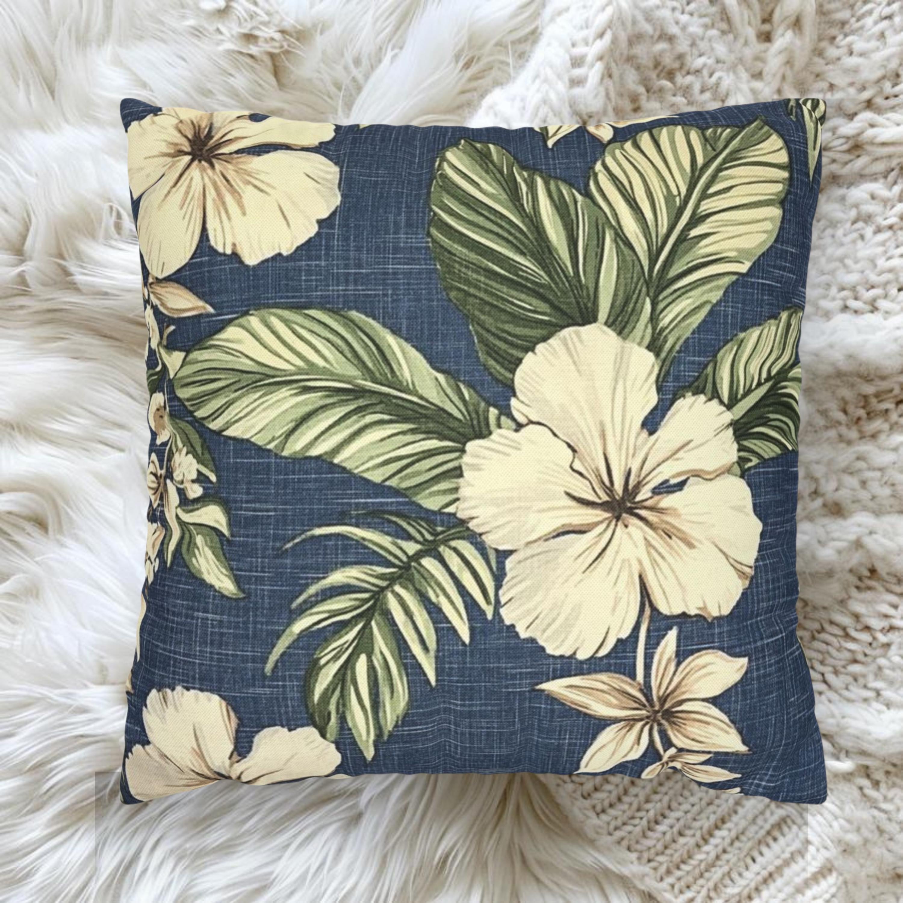 Navy Tropical Floral Pillow, Cream Hibiscus Cushion Cover, Coastal Botanical Throw Pillow, Island Leaf Decor, Jungle-Inspired Home Accent