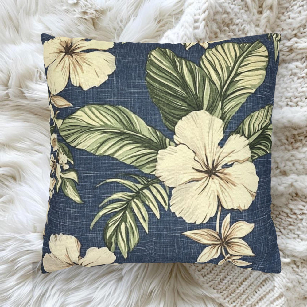 Navy Tropical Floral Pillow, Cream Hibiscus Cushion Cover, Coastal Botanical Throw Pillow, Island Leaf Decor, Jungle-Inspired Home Accent