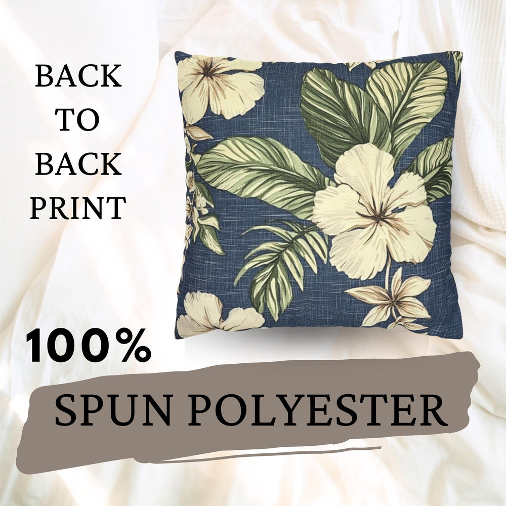 Navy Tropical Floral Pillow, Cream Hibiscus Cushion Cover, Coastal Botanical Throw Pillow, Island Leaf Decor, Jungle-Inspired Home Accent