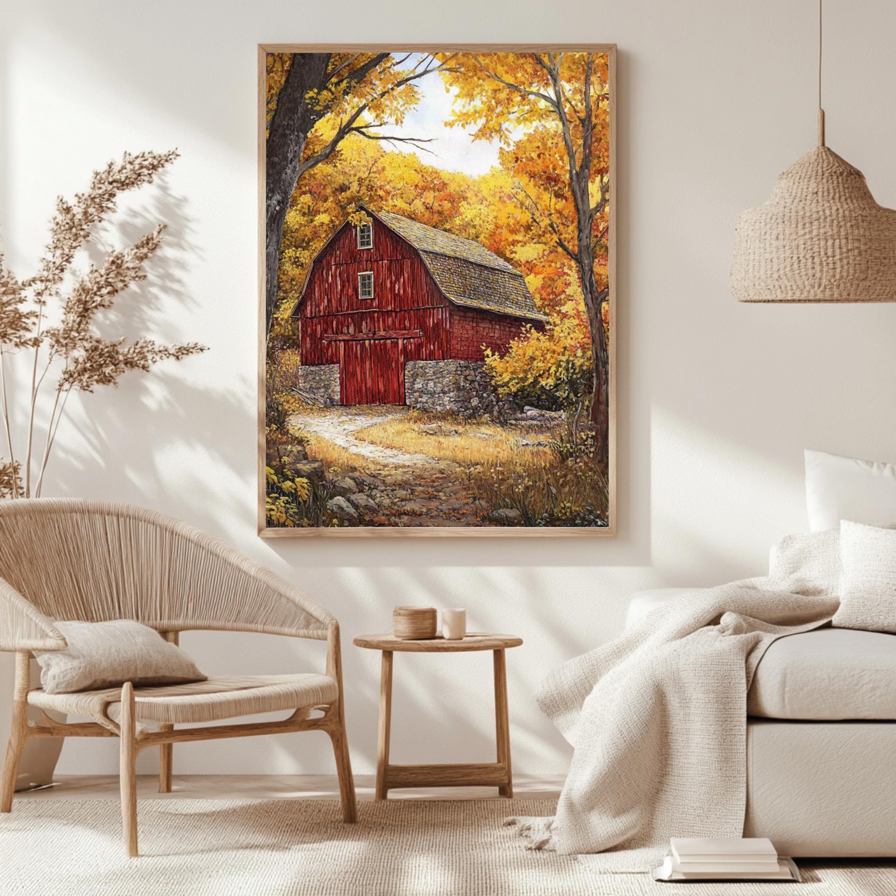 Red Farmhouse Autumn Wall Art Print, William Morris Style Canvas, Framed Canvas Country Decor, Vintage Botanical Design, Cozy Rustic Home