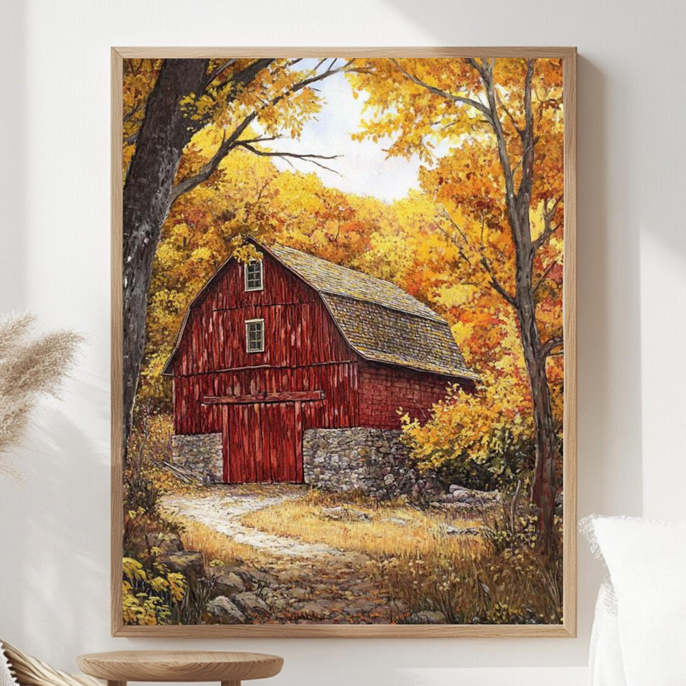 Red Farmhouse Autumn Wall Art Print, William Morris Style Canvas, Framed Canvas Country Decor, Vintage Botanical Design, Cozy Rustic Home