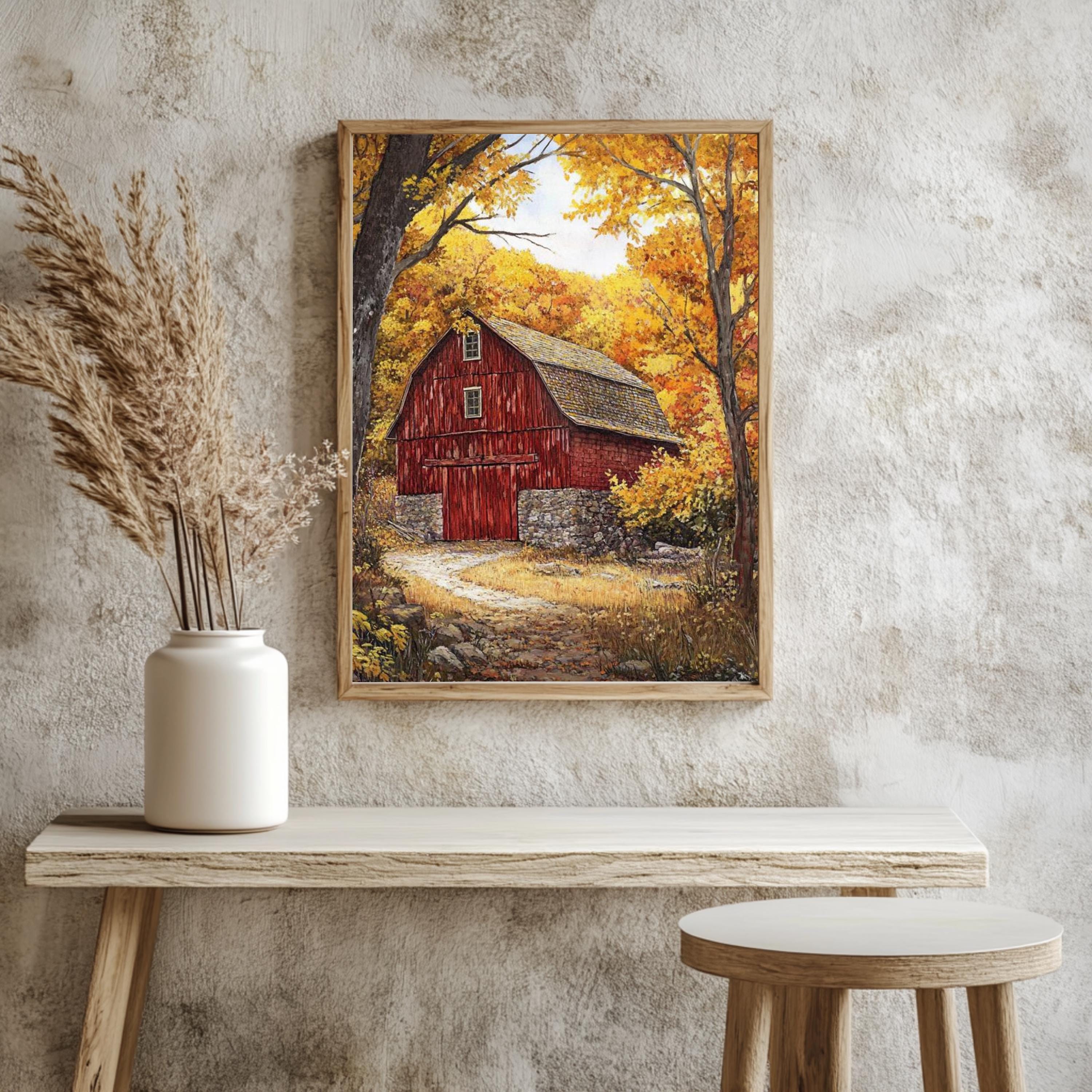 Red Farmhouse Autumn Wall Art Print, William Morris Style Canvas, Framed Canvas Country Decor, Vintage Botanical Design, Cozy Rustic Home