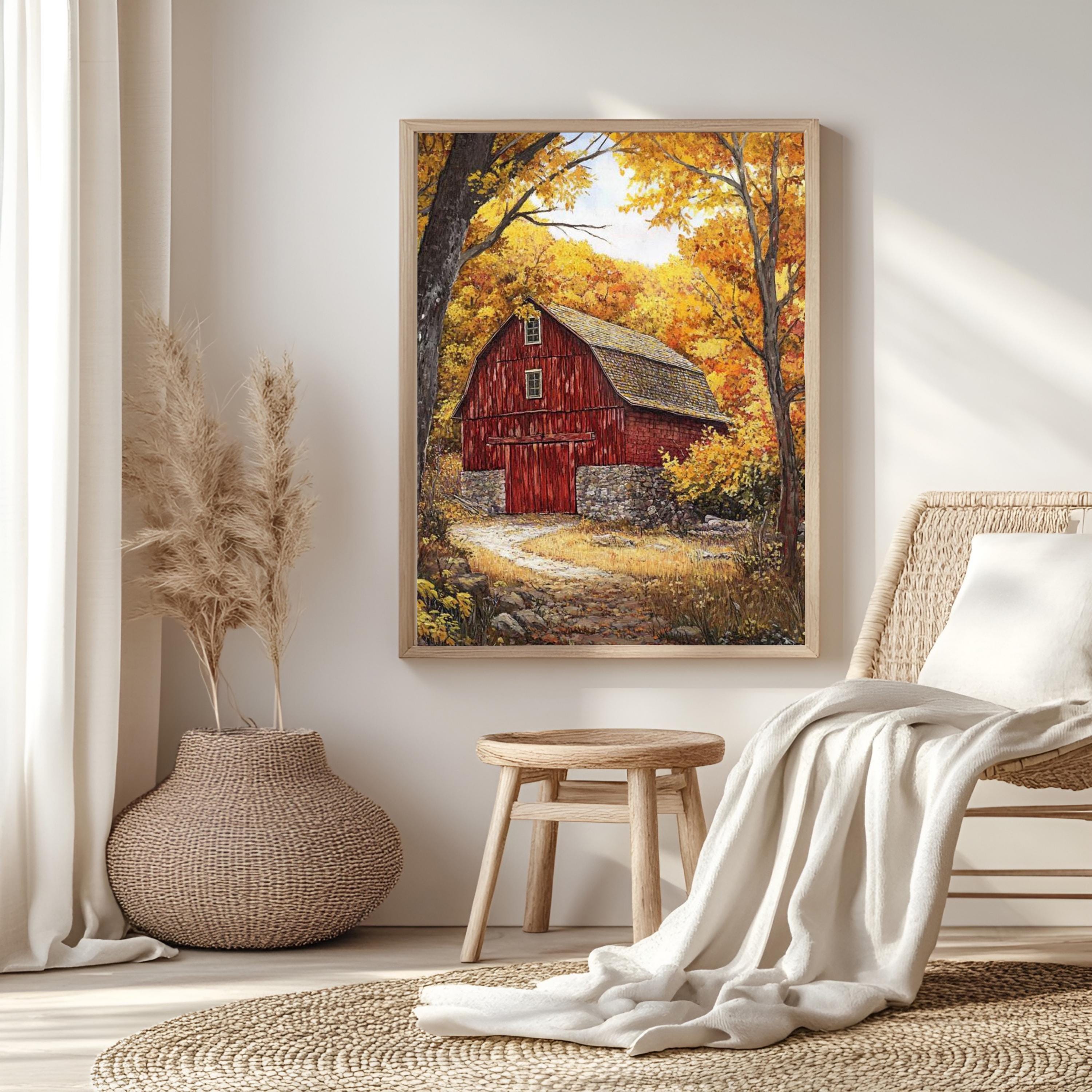 Red Farmhouse Autumn Wall Art Print, William Morris Style Canvas, Framed Canvas Country Decor, Vintage Botanical Design, Cozy Rustic Home