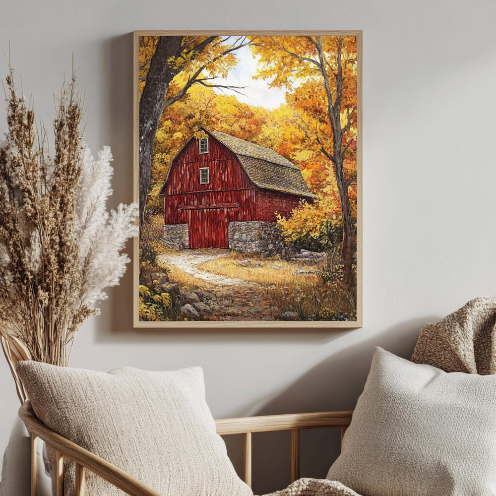 Red Farmhouse Autumn Wall Art Print, William Morris Style Canvas, Framed Canvas Country Decor, Vintage Botanical Design, Cozy Rustic Home