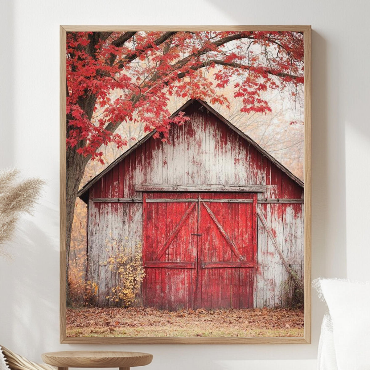 Rustic Barn Canvas Wall Art, Red Farmhouse Print, Framed Canvas Vintage Decor, Country Style Accent, Nature-Inspired Rural Home Piece