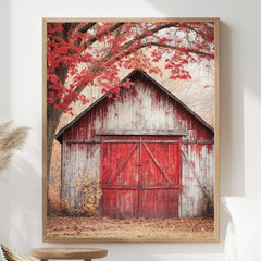 Rustic Barn Canvas Wall Art, Red Farmhouse Print, Framed Canvas Vintage Decor, Country Style Accent, Nature-Inspired Rural Home Piece