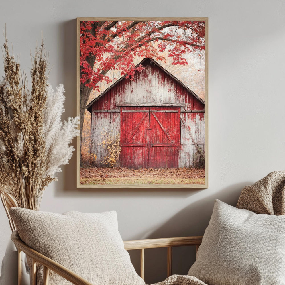 Rustic Barn Canvas Wall Art, Red Farmhouse Print, Framed Canvas Vintage Decor, Country Style Accent, Nature-Inspired Rural Home Piece
