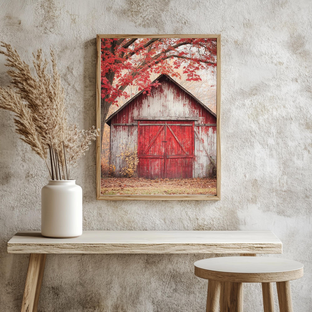Rustic Barn Canvas Wall Art, Red Farmhouse Print, Framed Canvas Vintage Decor, Country Style Accent, Nature-Inspired Rural Home Piece