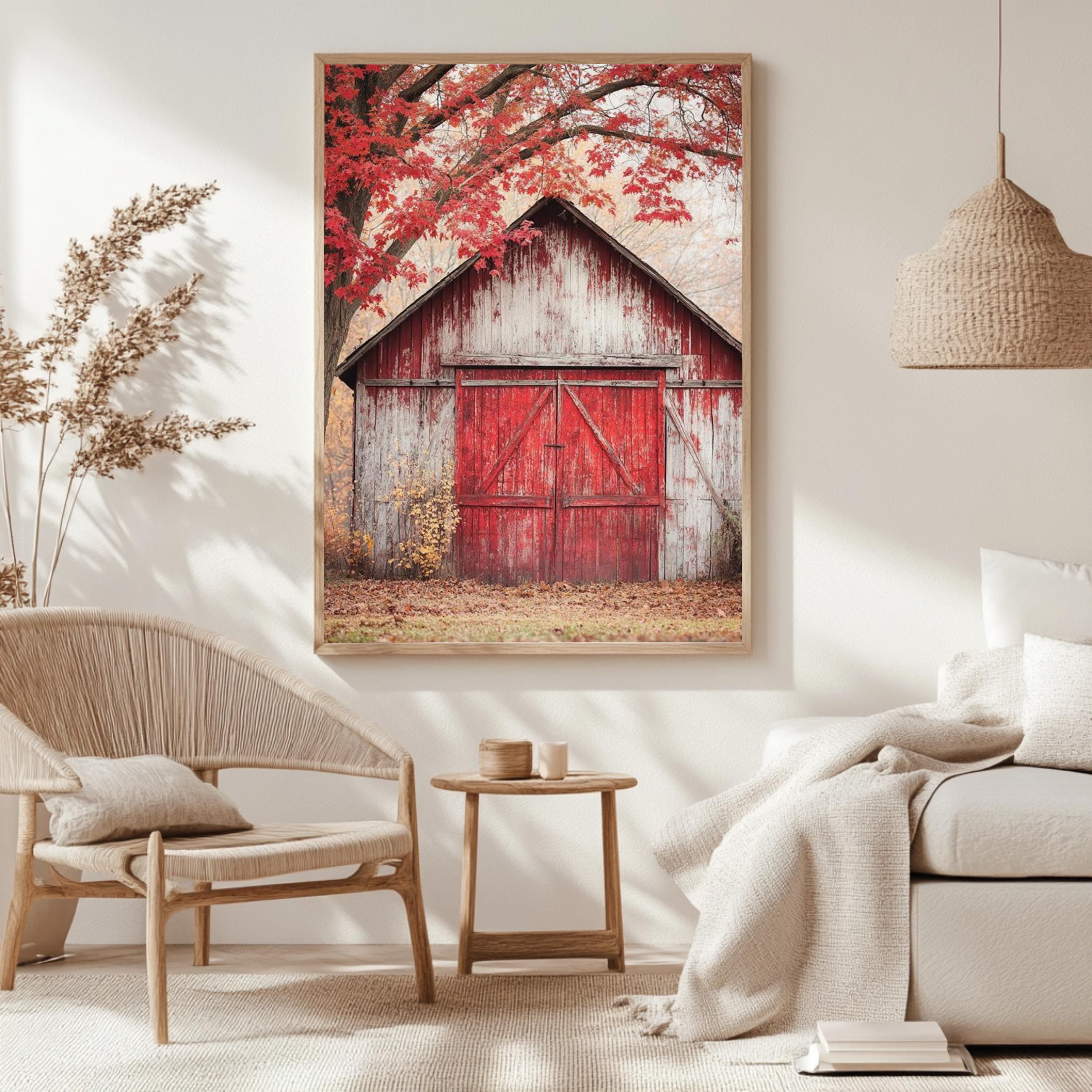 Rustic Barn Canvas Wall Art, Red Farmhouse Print, Framed Canvas Vintage Decor, Country Style Accent, Nature-Inspired Rural Home Piece