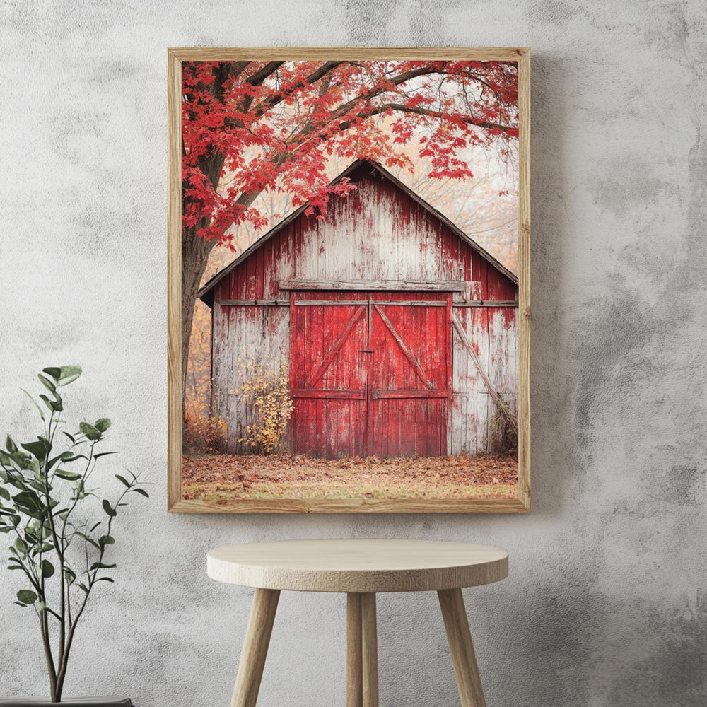 Rustic Barn Canvas Wall Art, Red Farmhouse Print, Framed Canvas Vintage Decor, Country Style Accent, Nature-Inspired Rural Home Piece