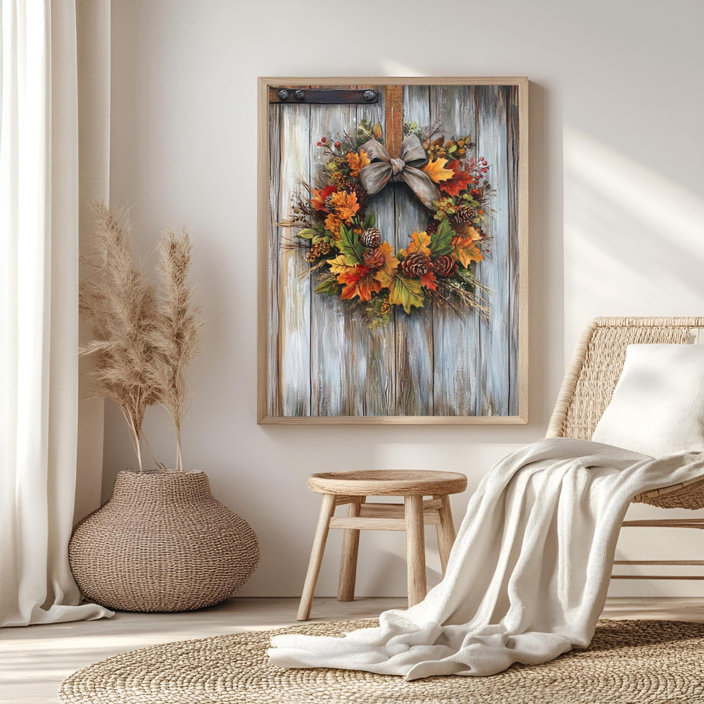 Autumn Wreath Wall Art, Rustic Fall Canvas Print, Framed Canvas Botanical Decor, Vintage-Inspired Accent, Nature-Inspired Seasonal Home