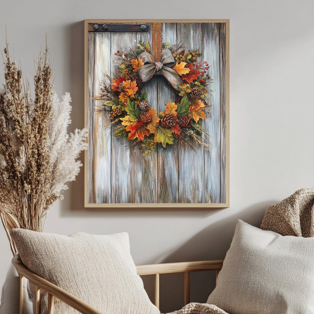 Autumn Wreath Wall Art, Rustic Fall Canvas Print, Framed Canvas Botanical Decor, Vintage-Inspired Accent, Nature-Inspired Seasonal Home