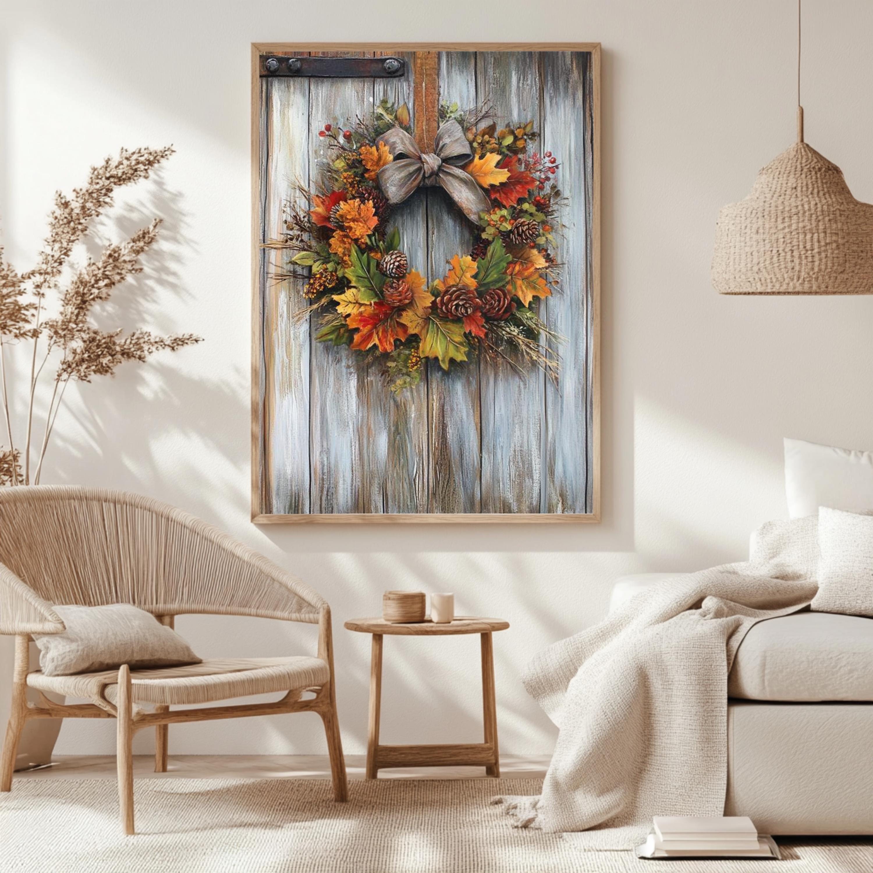Autumn Wreath Wall Art, Rustic Fall Canvas Print, Framed Canvas Botanical Decor, Vintage-Inspired Accent, Nature-Inspired Seasonal Home