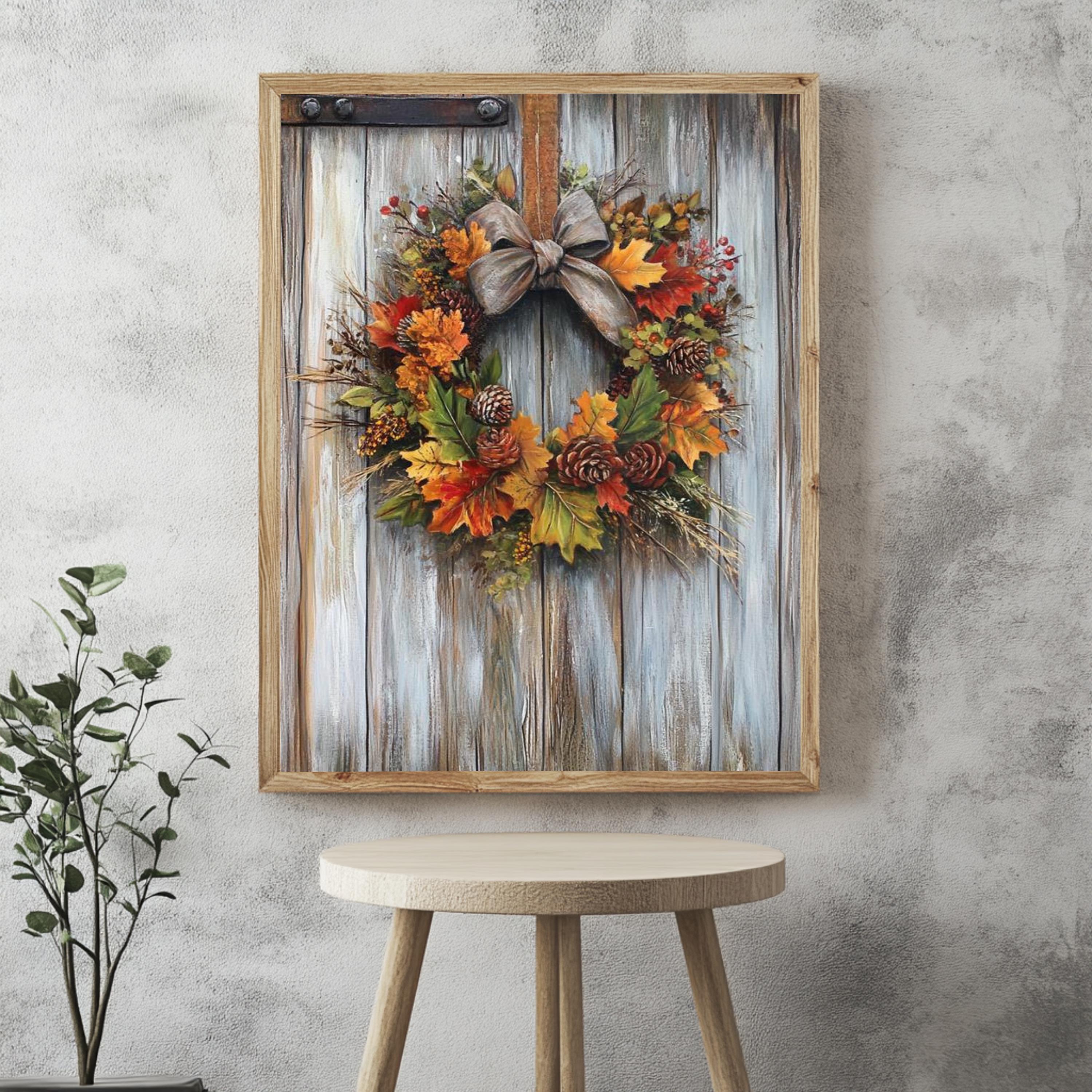 Autumn Wreath Wall Art, Rustic Fall Canvas Print, Framed Canvas Botanical Decor, Vintage-Inspired Accent, Nature-Inspired Seasonal Home