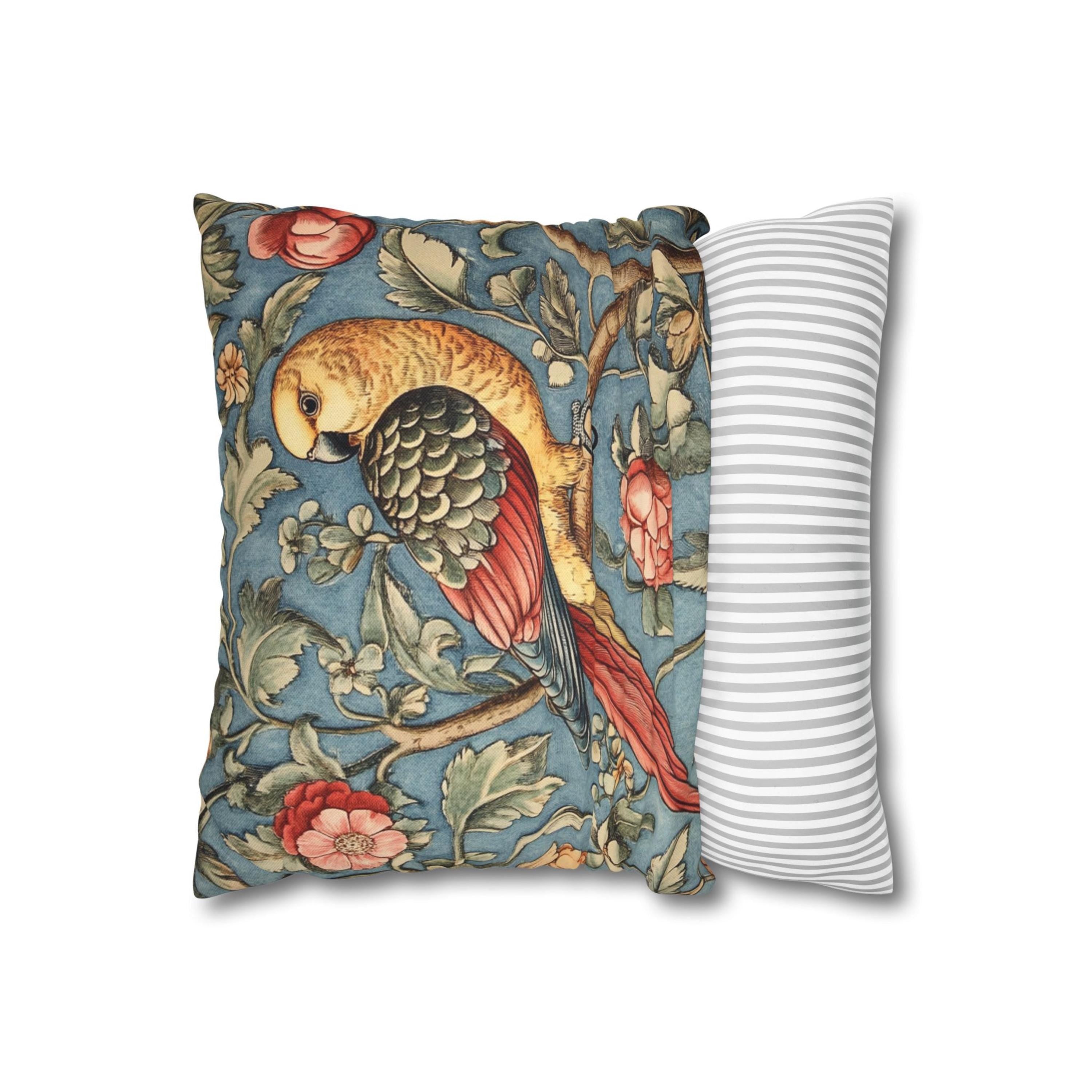 Vintage Parrot Pillow, William Morris Inspired Accent, Botanical Bird Cushion Cover, Whimsical Floral Throw Pillow, Rustic Nature Decor
