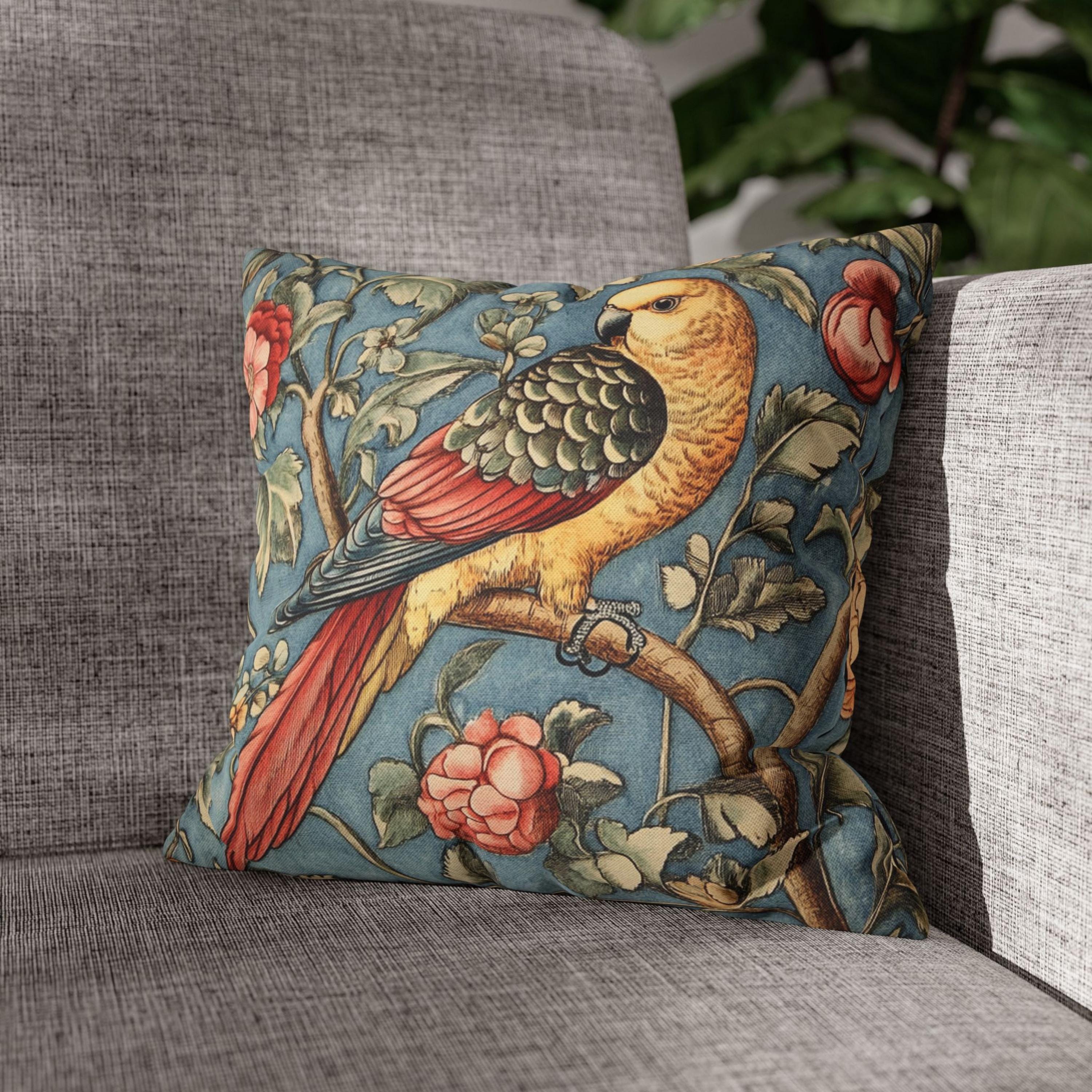 Vintage Parrot Pillow, William Morris Inspired Accent, Botanical Bird Cushion Cover, Whimsical Floral Throw Pillow, Rustic Nature Decor