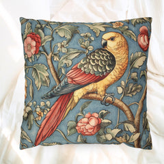 Vintage Parrot Pillow, William Morris Inspired Accent, Botanical Bird Cushion Cover, Whimsical Floral Throw Pillow, Rustic Nature Decor