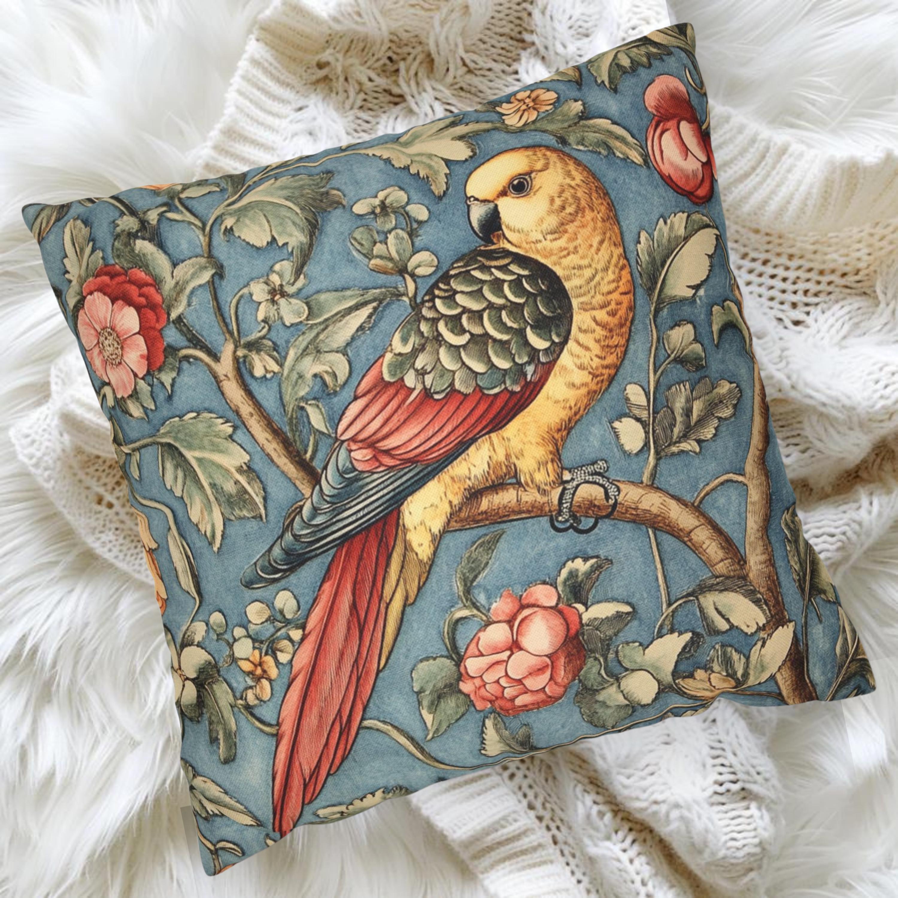 Vintage Parrot Pillow, William Morris Inspired Accent, Botanical Bird Cushion Cover, Whimsical Floral Throw Pillow, Rustic Nature Decor