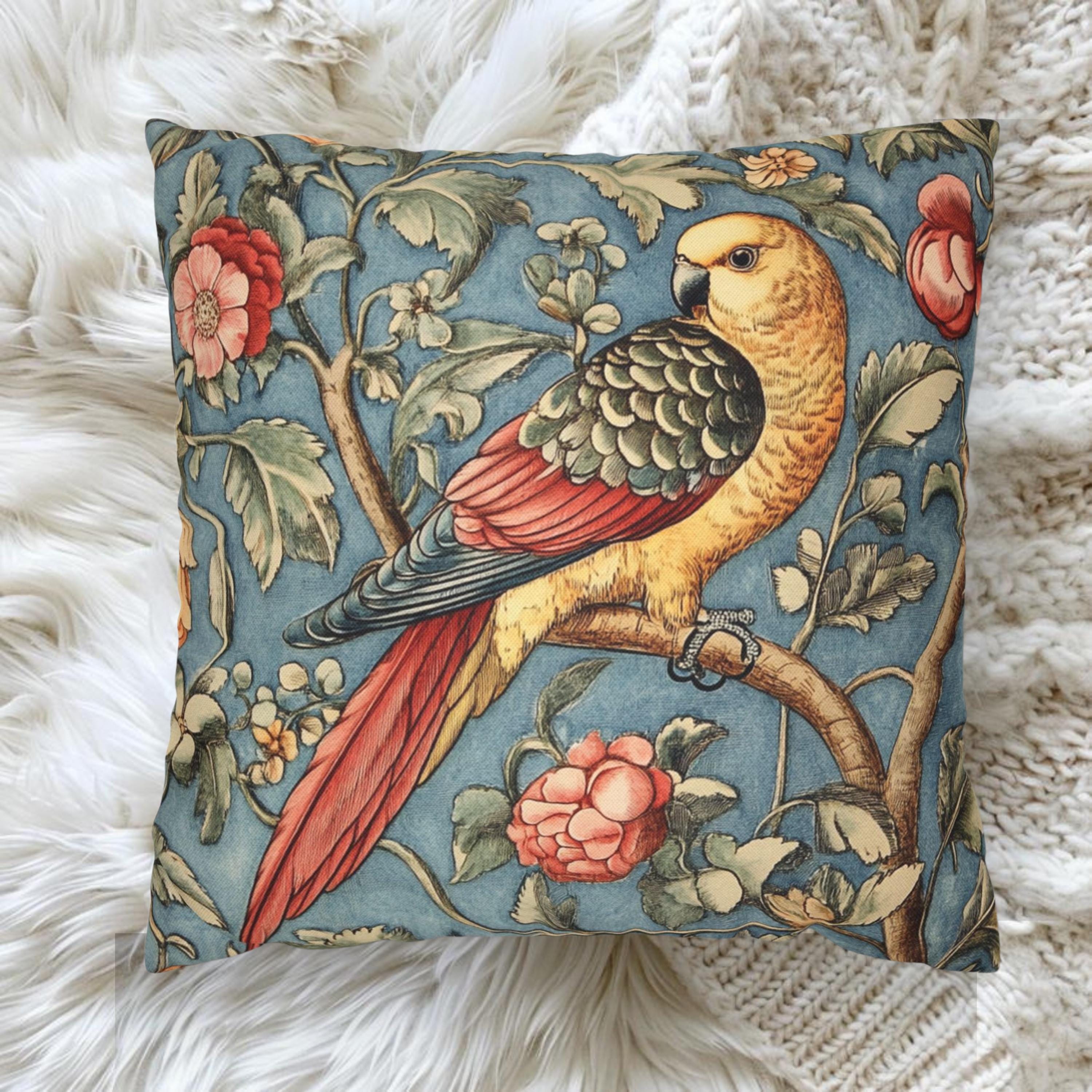Vintage Parrot Pillow, William Morris Inspired Accent, Botanical Bird Cushion Cover, Whimsical Floral Throw Pillow, Rustic Nature Decor