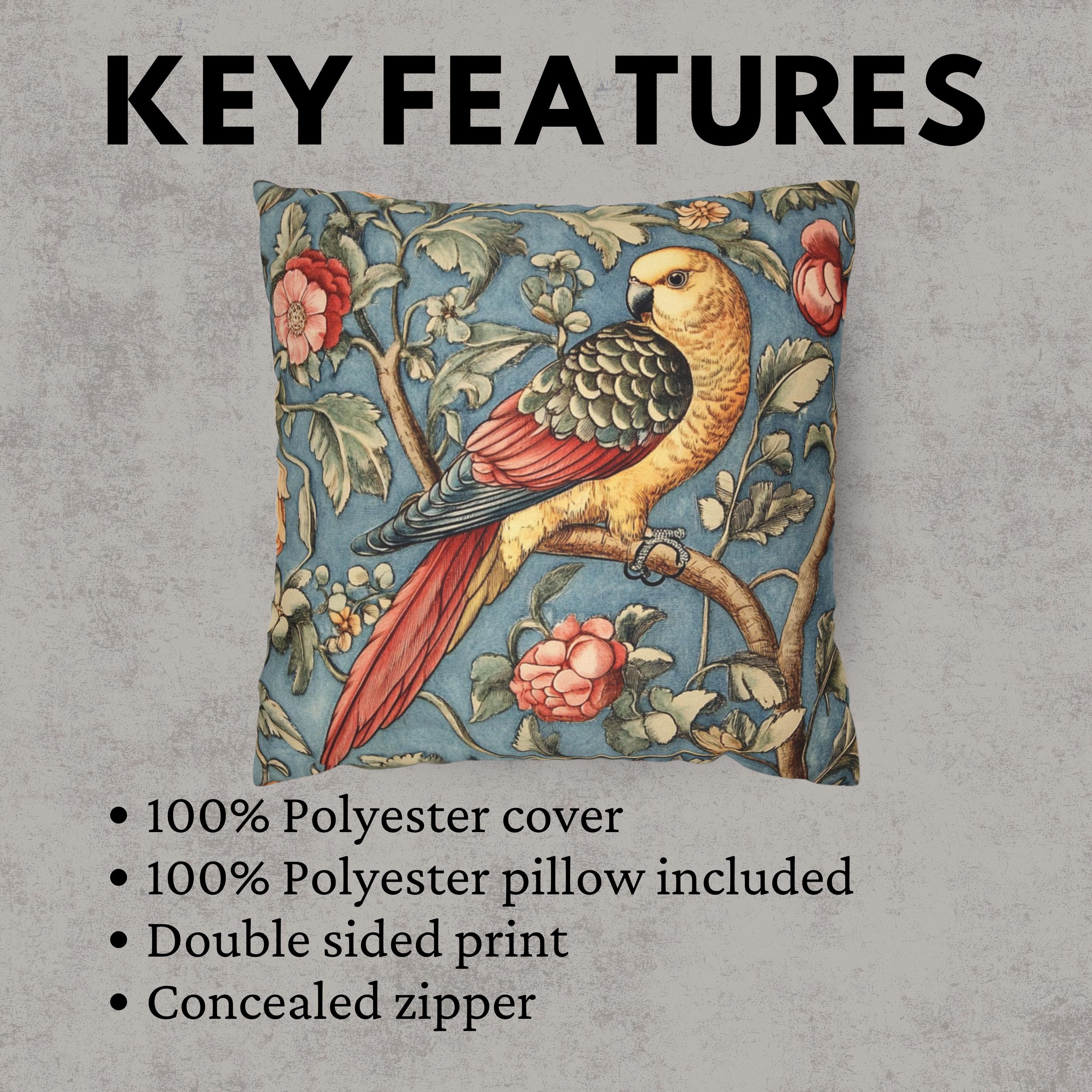 Vintage Parrot Pillow, William Morris Inspired Accent, Botanical Bird Cushion Cover, Whimsical Floral Throw Pillow, Rustic Nature Decor