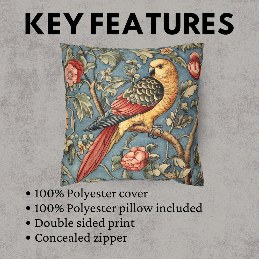 Vintage Parrot Pillow, William Morris Inspired Accent, Botanical Bird Cushion Cover, Whimsical Floral Throw Pillow, Rustic Nature Decor