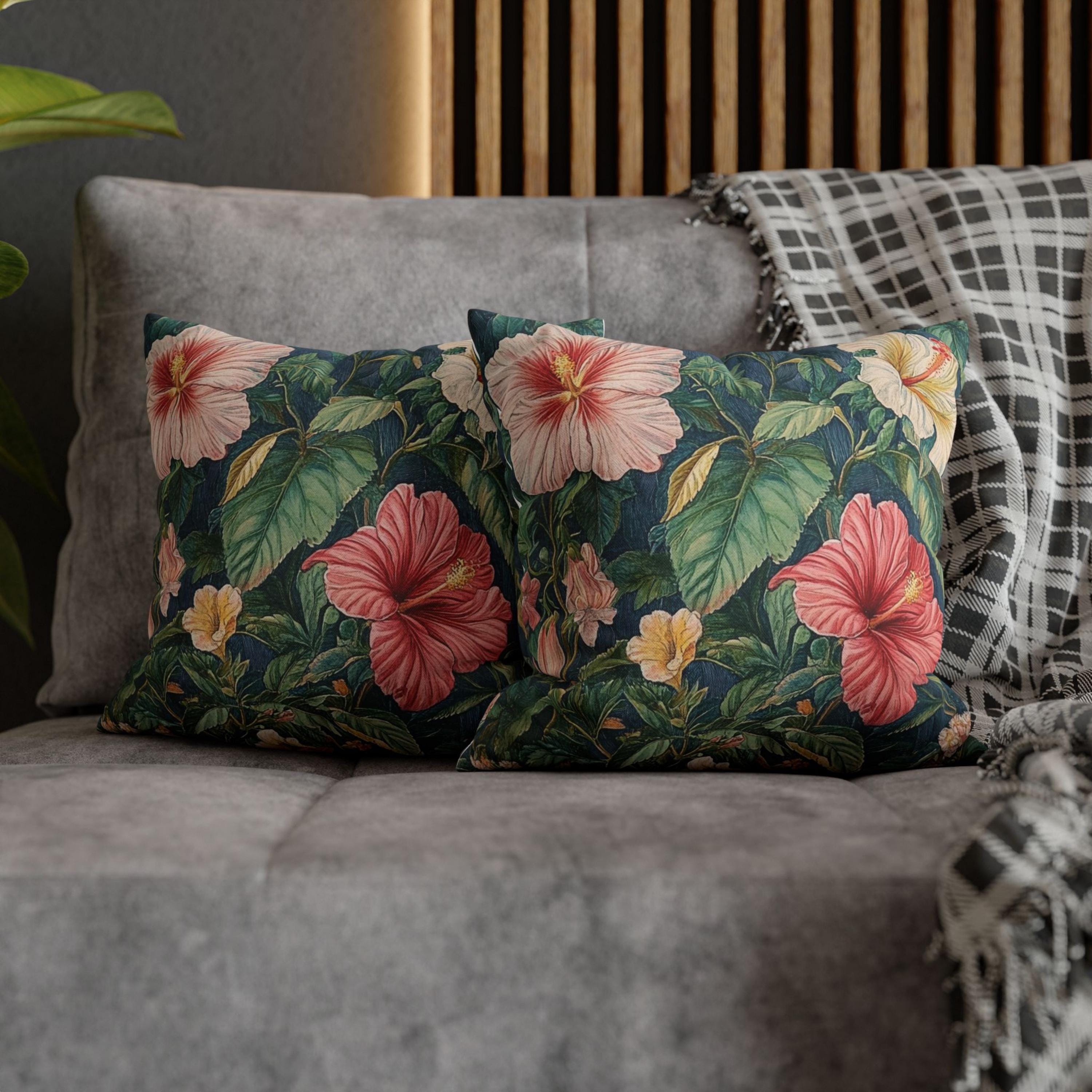 Hibiscus Floral Throw Pillow, William Morris Botanical Cushion, Tropical Garden Pillow, Vintage Inspired Home Decor, Moody Jungle Accent
