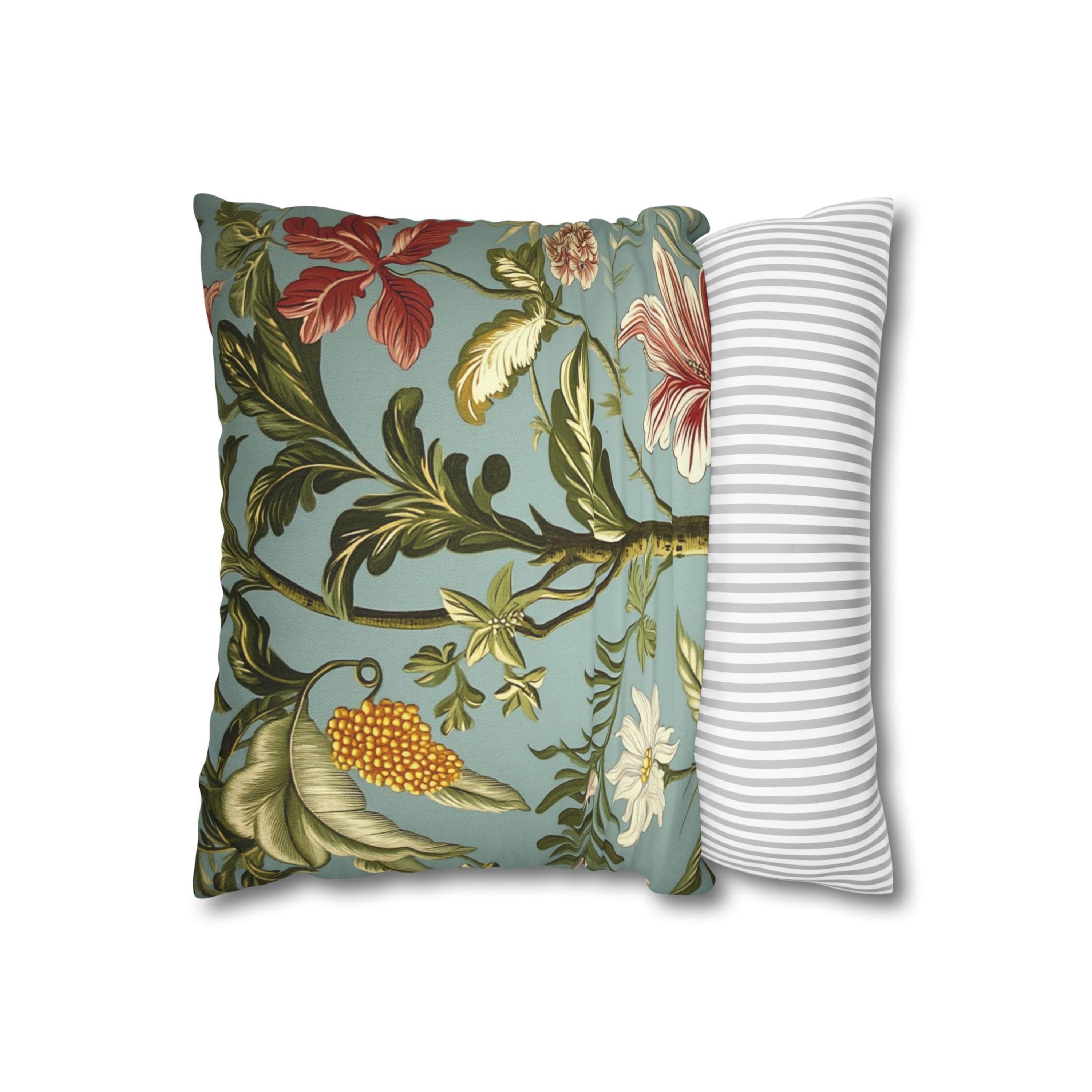 Botanical Floral Throw Pillow, William Morris Inspired Cushion Cover, Light Blue Garden Pillow, Tropical Plant Decor, Nature Art Accent